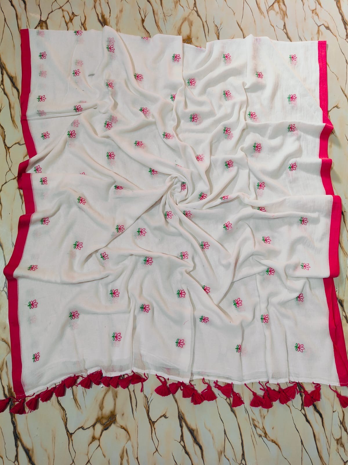 New small Lotus embroidered bordered mul saree