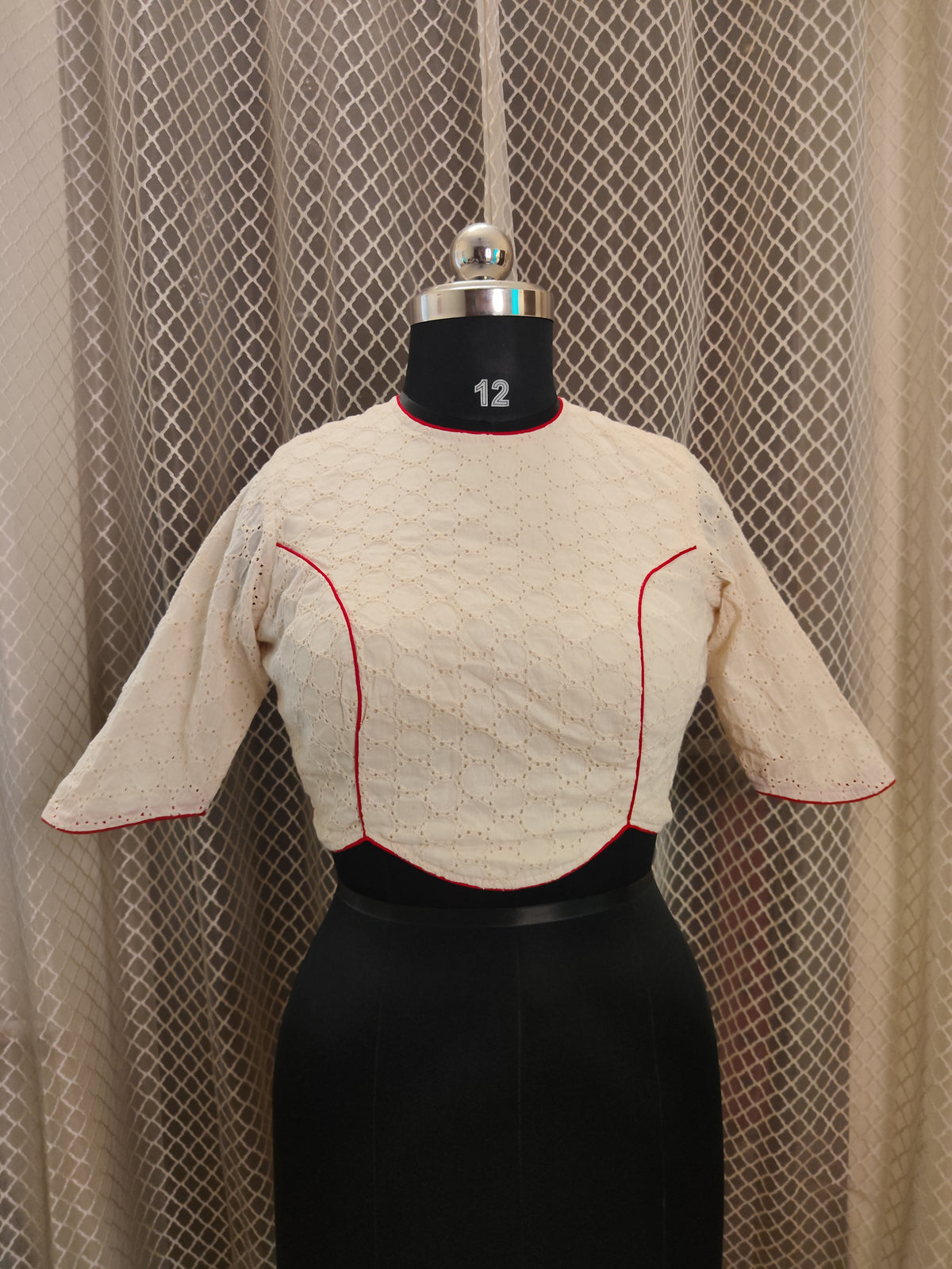 Ivory Backless Hakoba blouse with red piping and sleeves