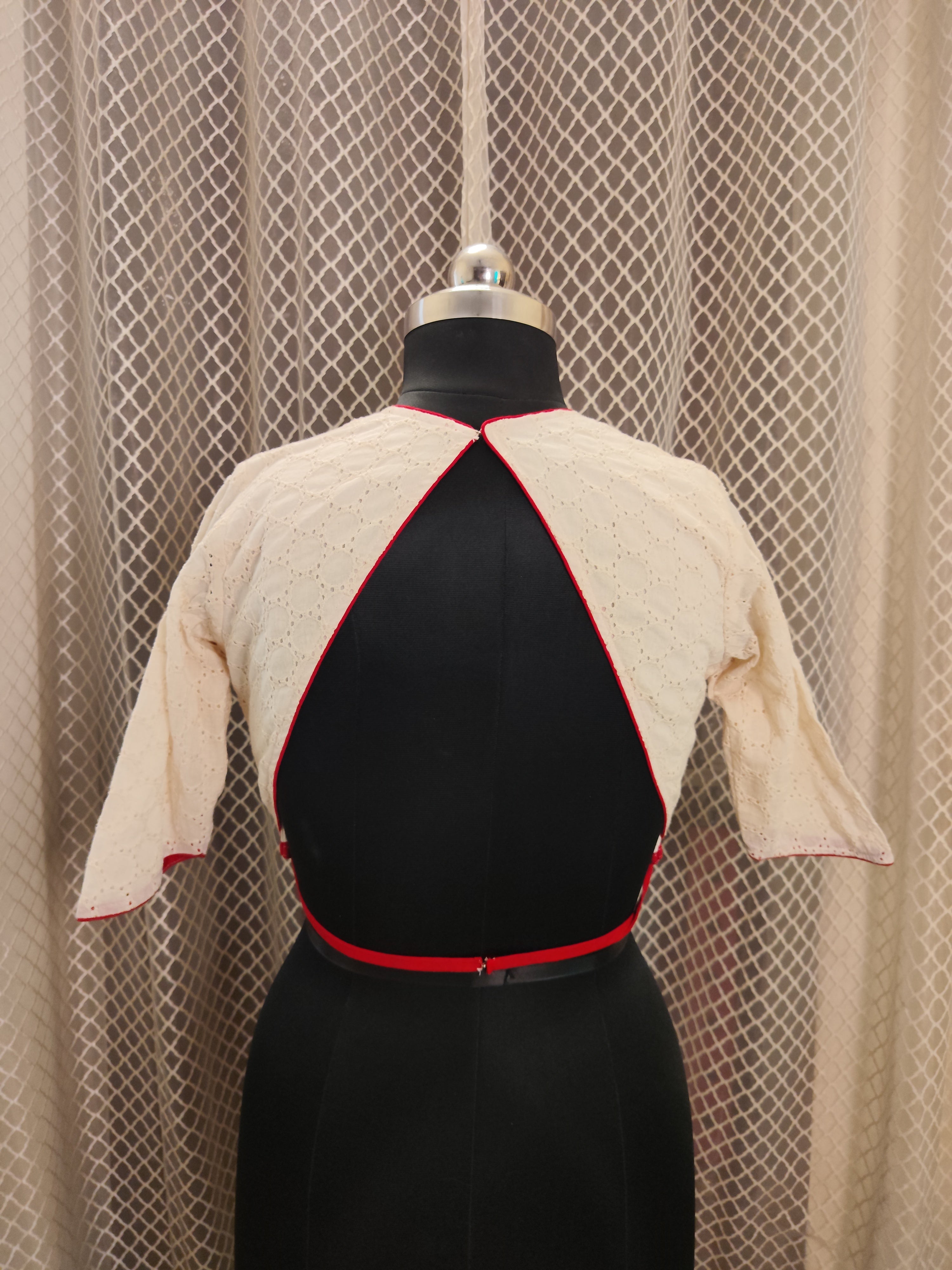 Ivory Backless Hakoba blouse with red piping and sleeves