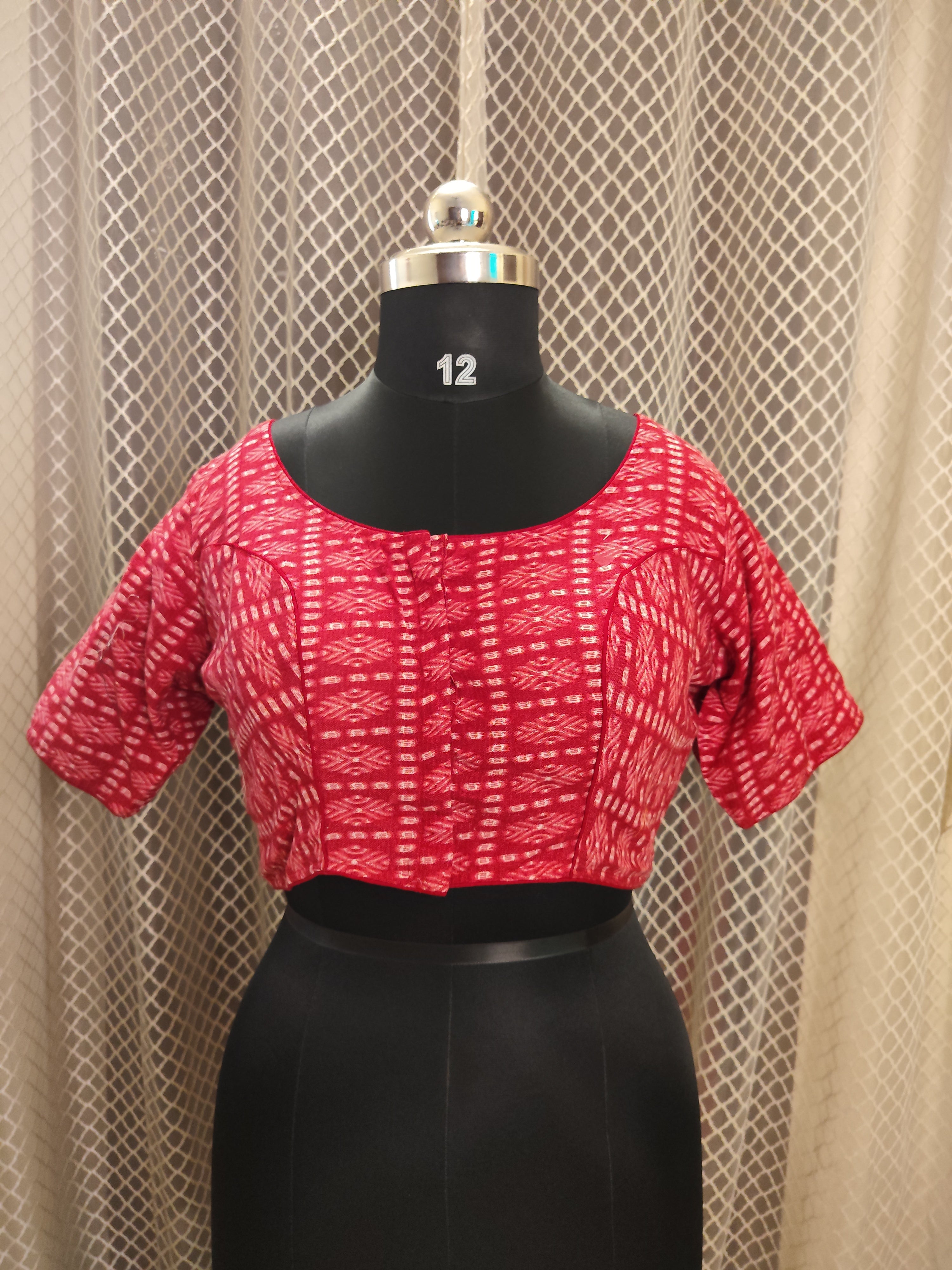 Red printed backless cotton blouse with sleeves