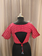 Red printed backless cotton blouse with sleeves