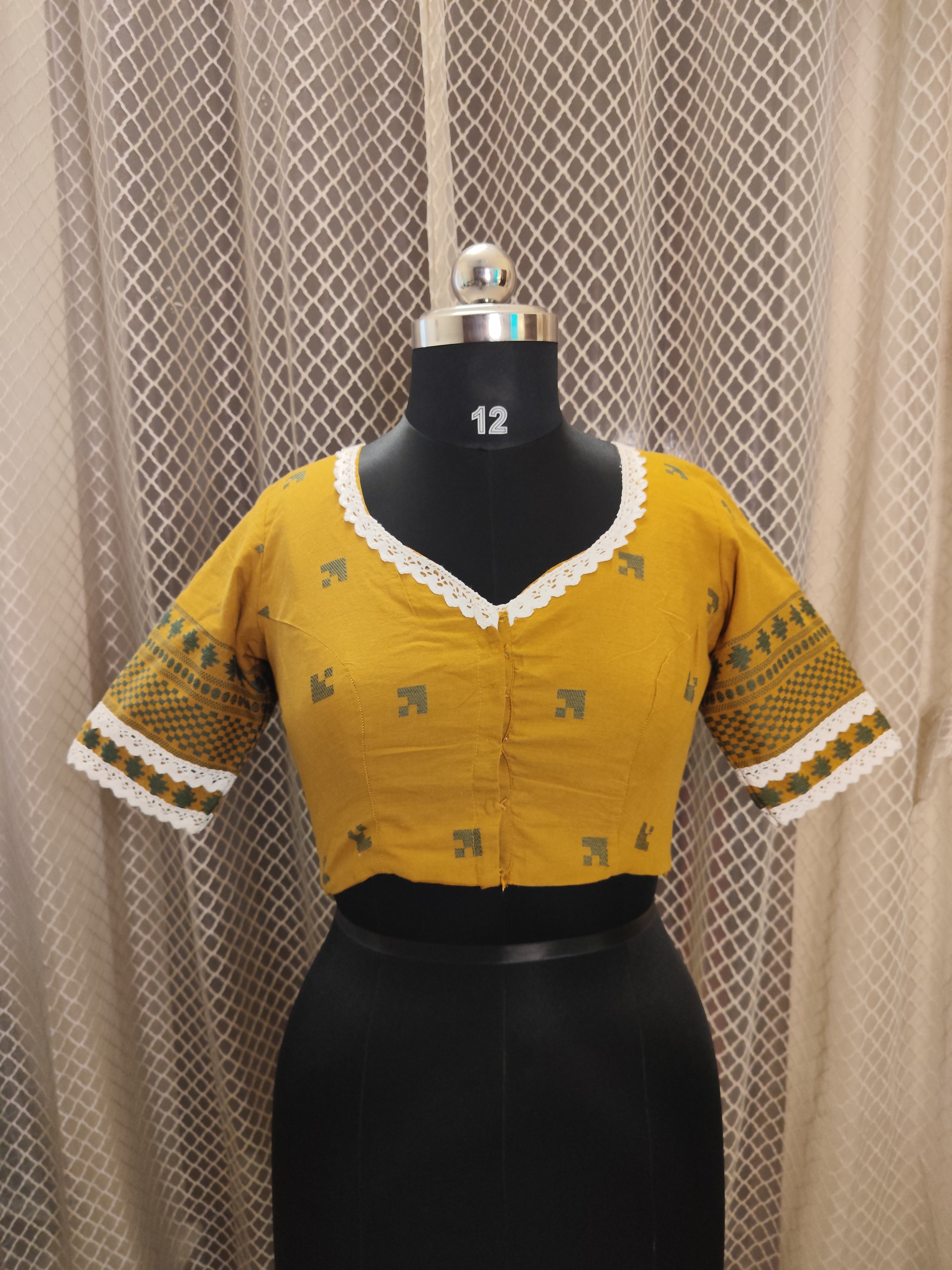 Mustard yellow Jamdani blouse with laces and sleeves