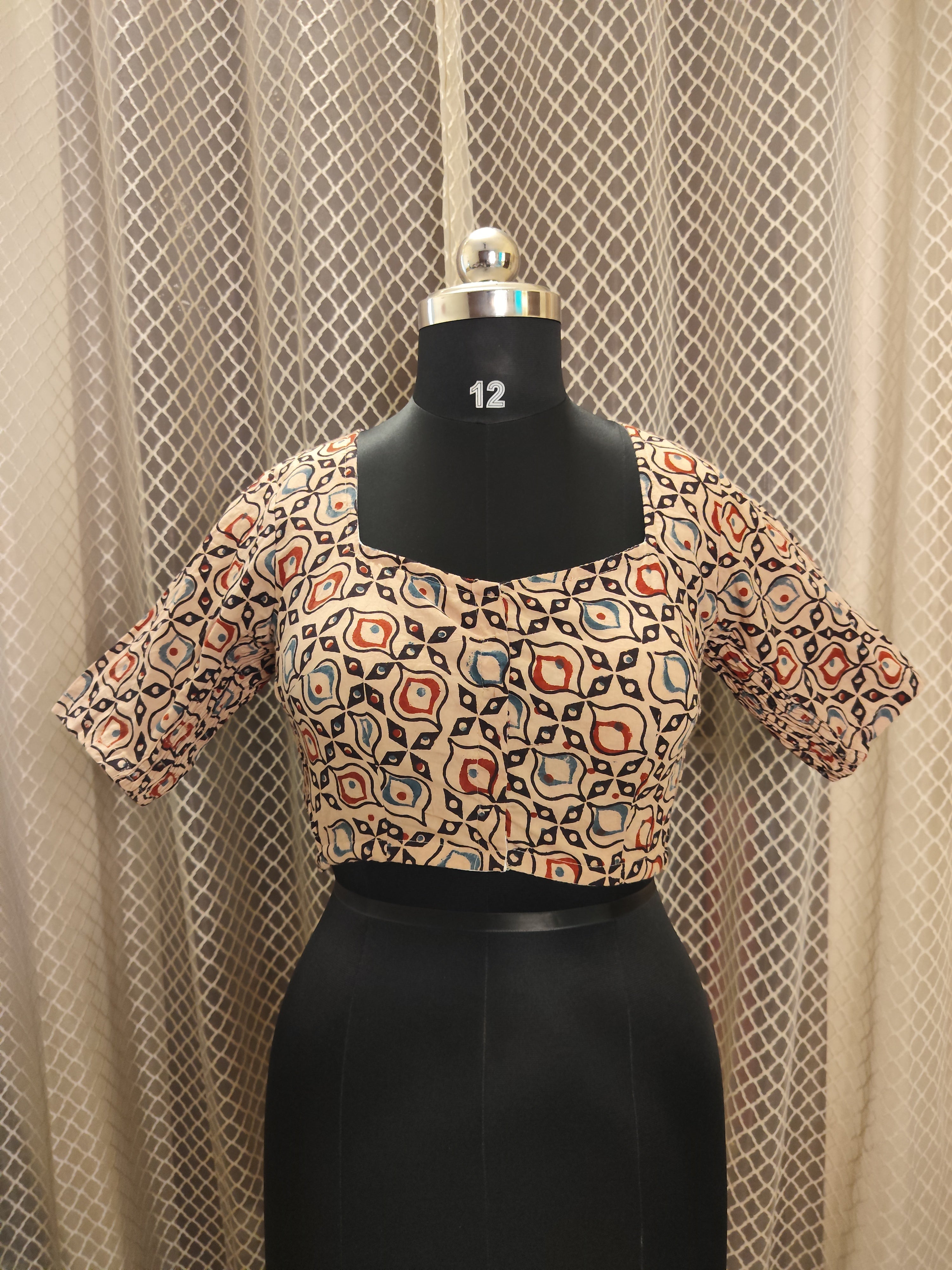 Beige Ajrakh cotton blouse with side elastic