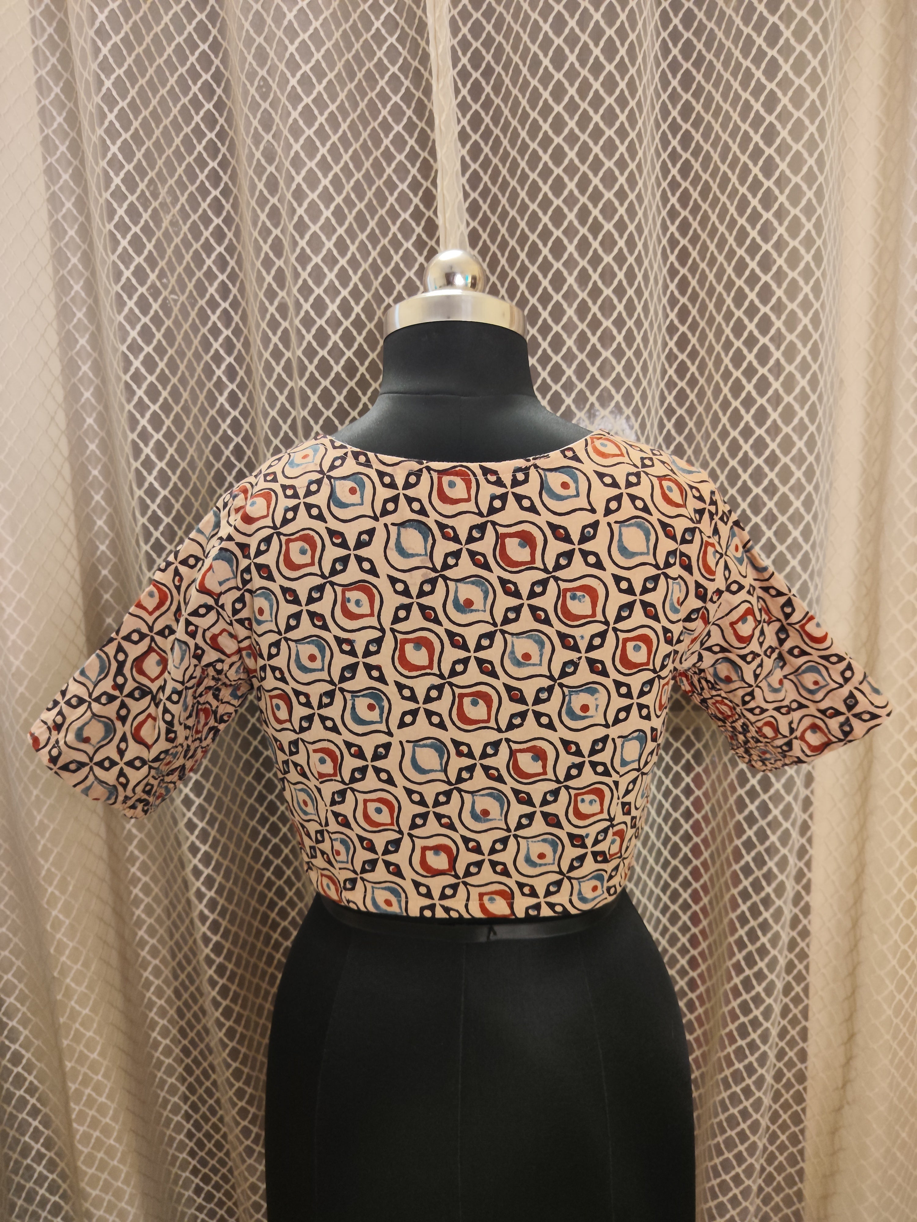 Beige Ajrakh cotton blouse with side elastic