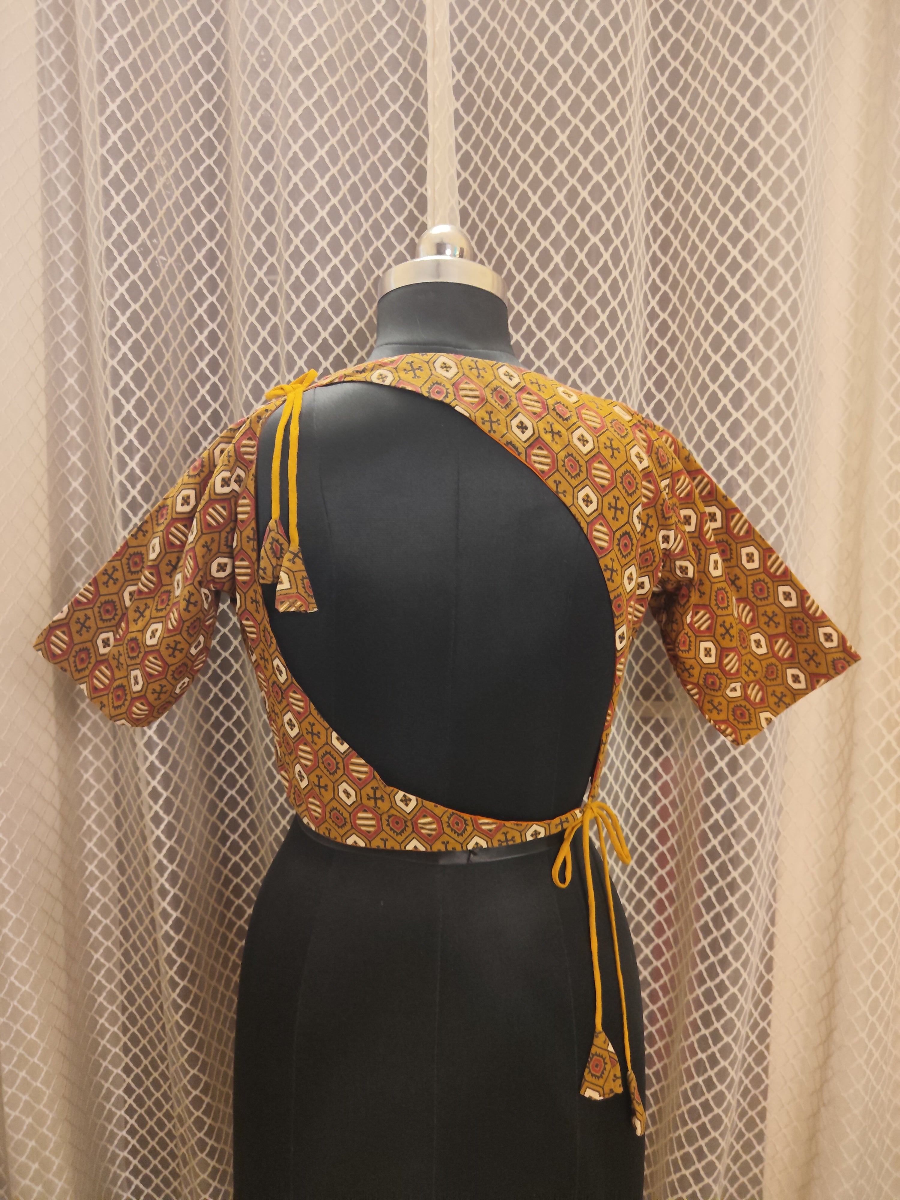 Backless cotton Ajrakh blouse with sleeves