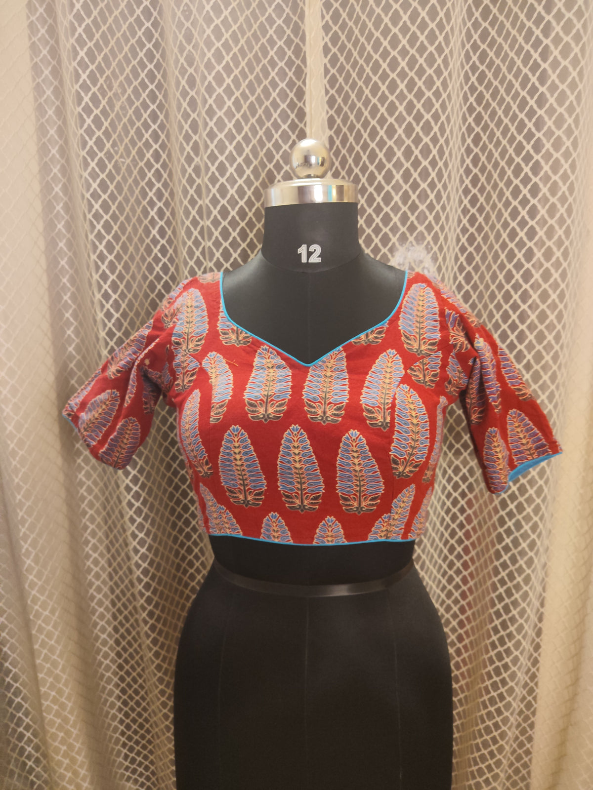Cotton Ajrakh printed blouse with back bow and sleeves