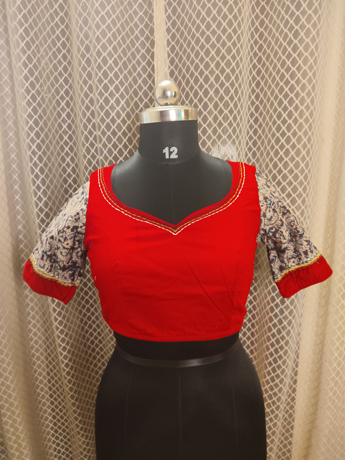 Kalamkari printed sleeved blouse with machine embroidery