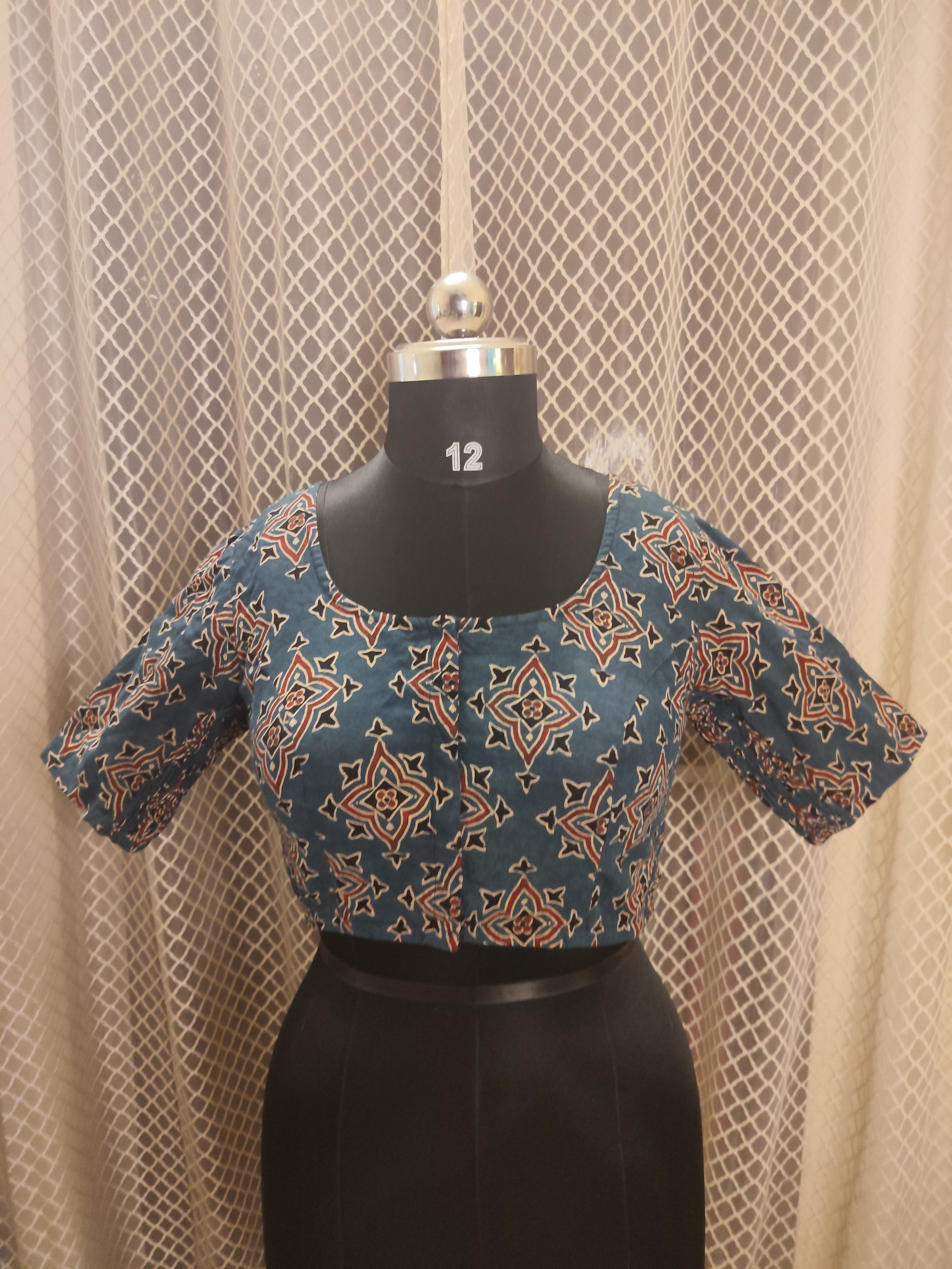 Indigo Ajrakh cotton blouse with side elastic
