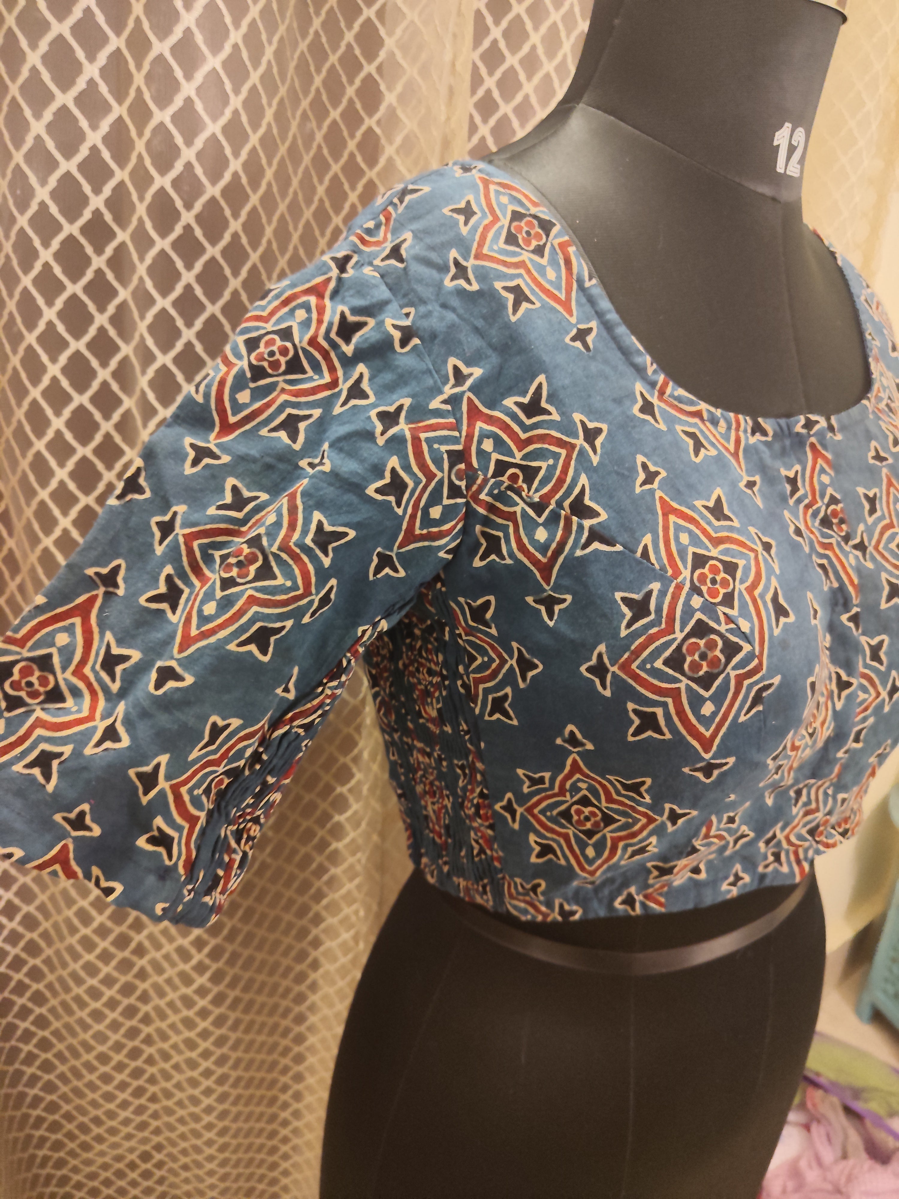 Indigo Ajrakh cotton blouse with side elastic