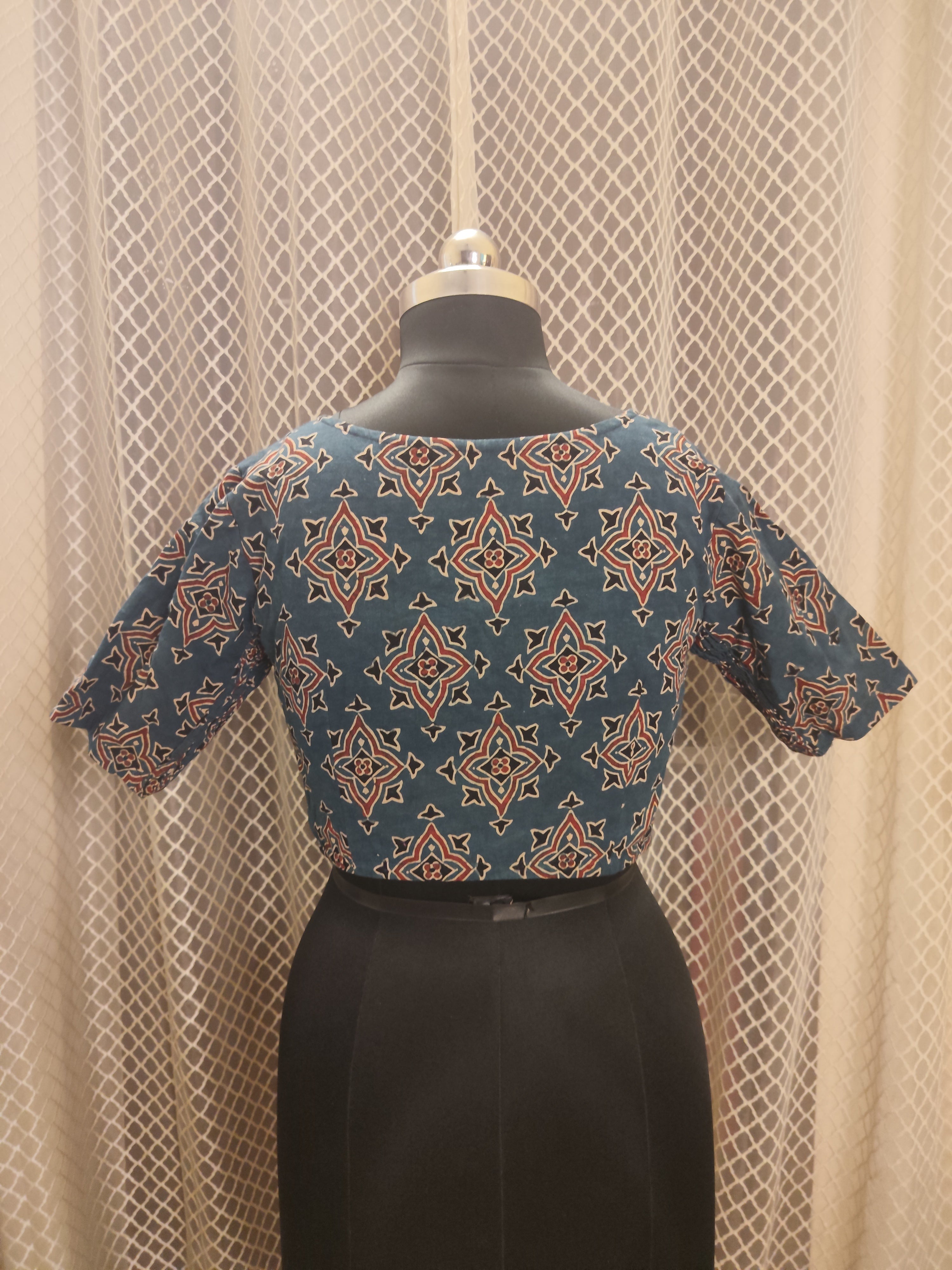 Indigo Ajrakh cotton blouse with side elastic
