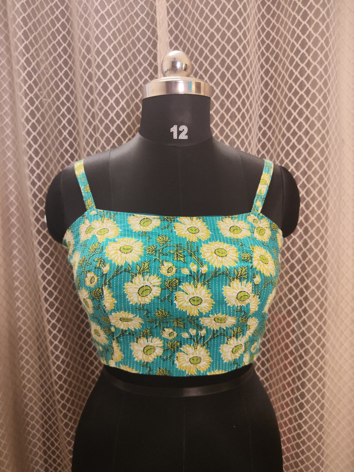 Printed Kantha strap sleeved blouse
