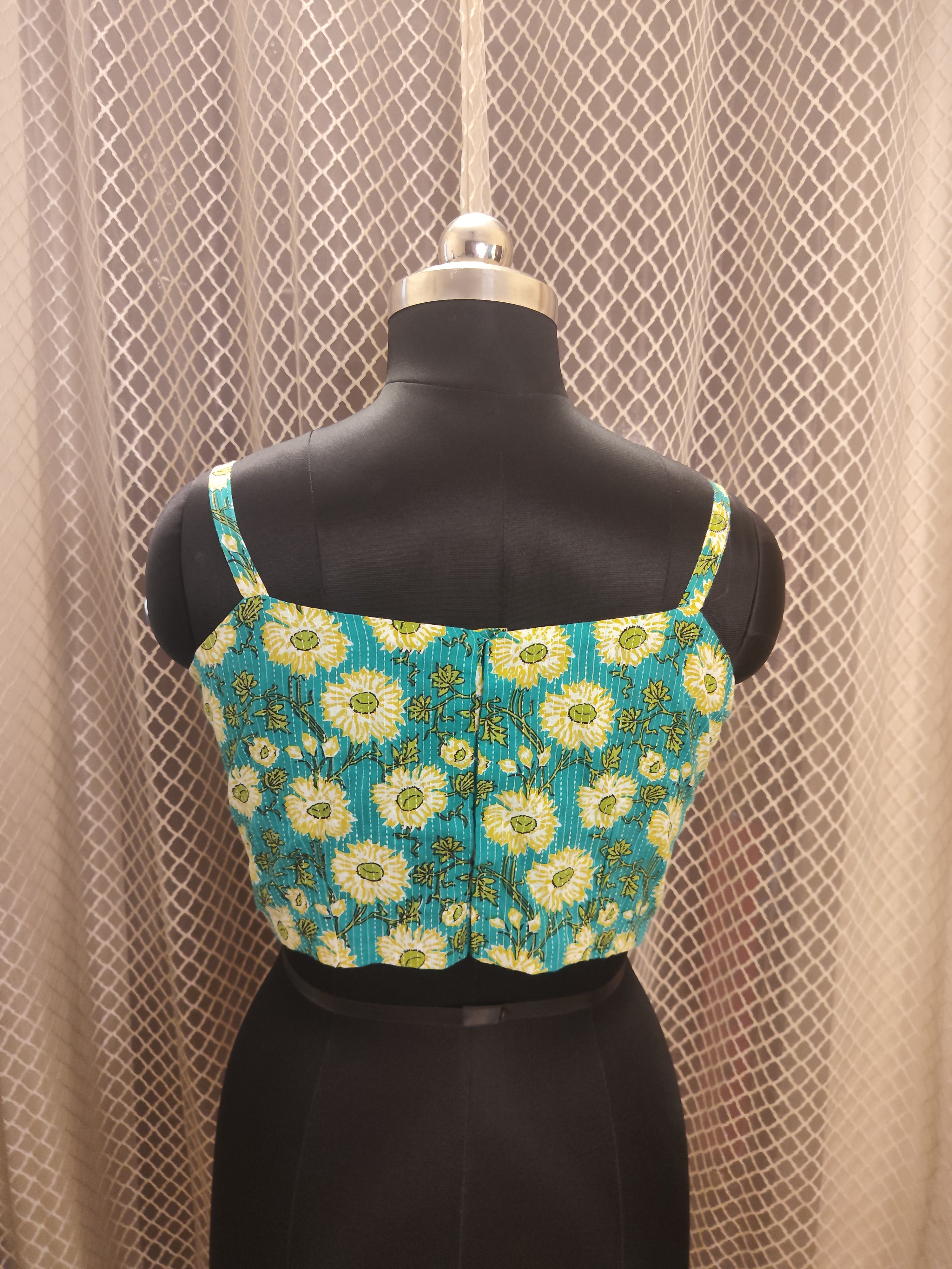 Printed Kantha strap sleeved blouse