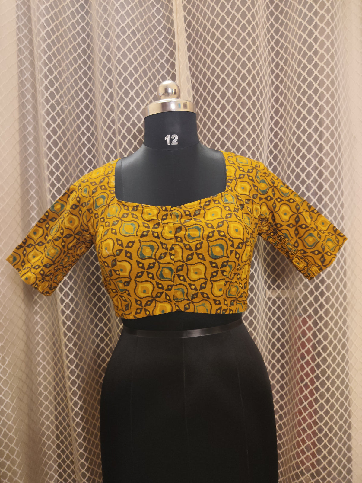 Mustard Ajrakh cotton blouse with side elastic