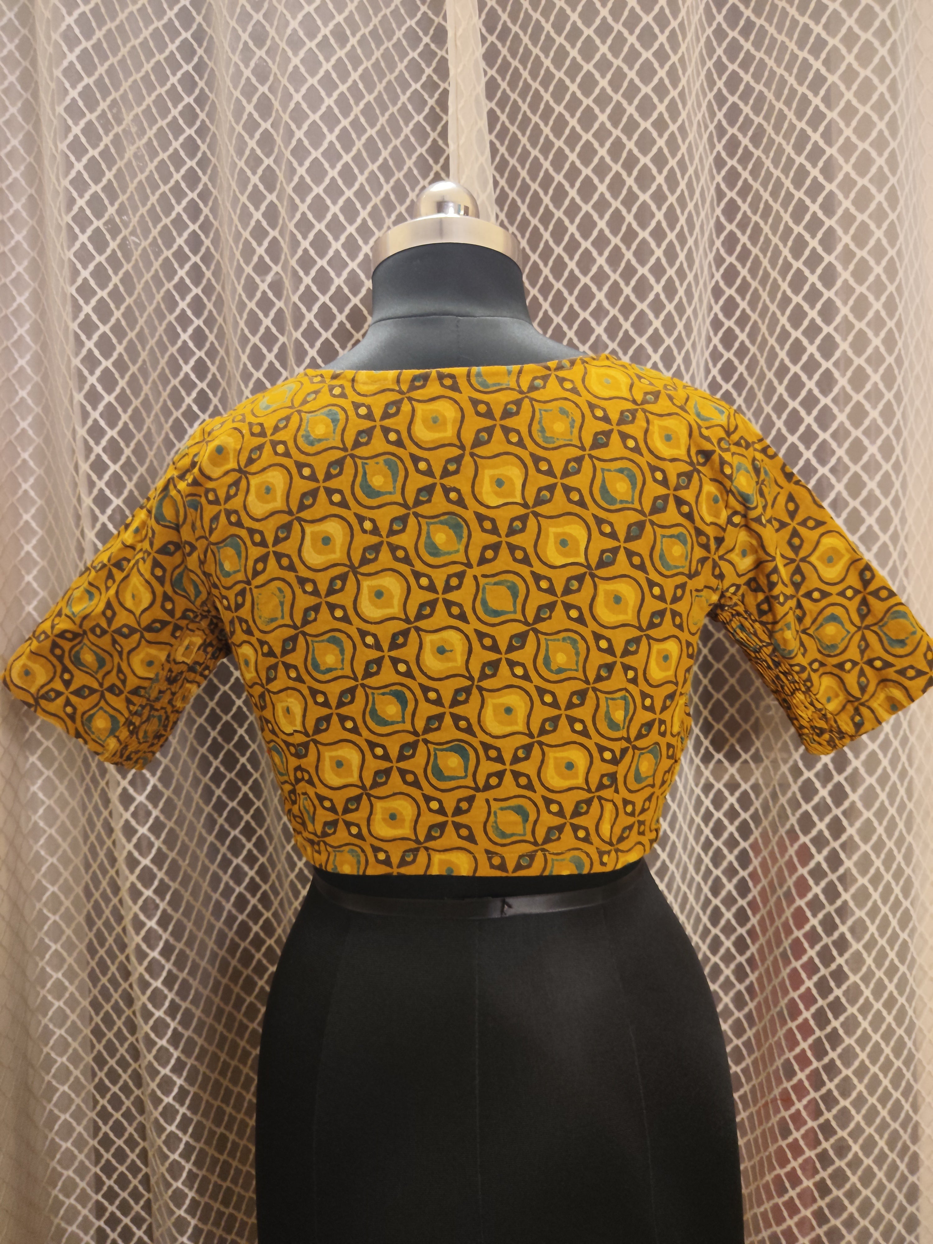 Mustard Ajrakh cotton blouse with side elastic