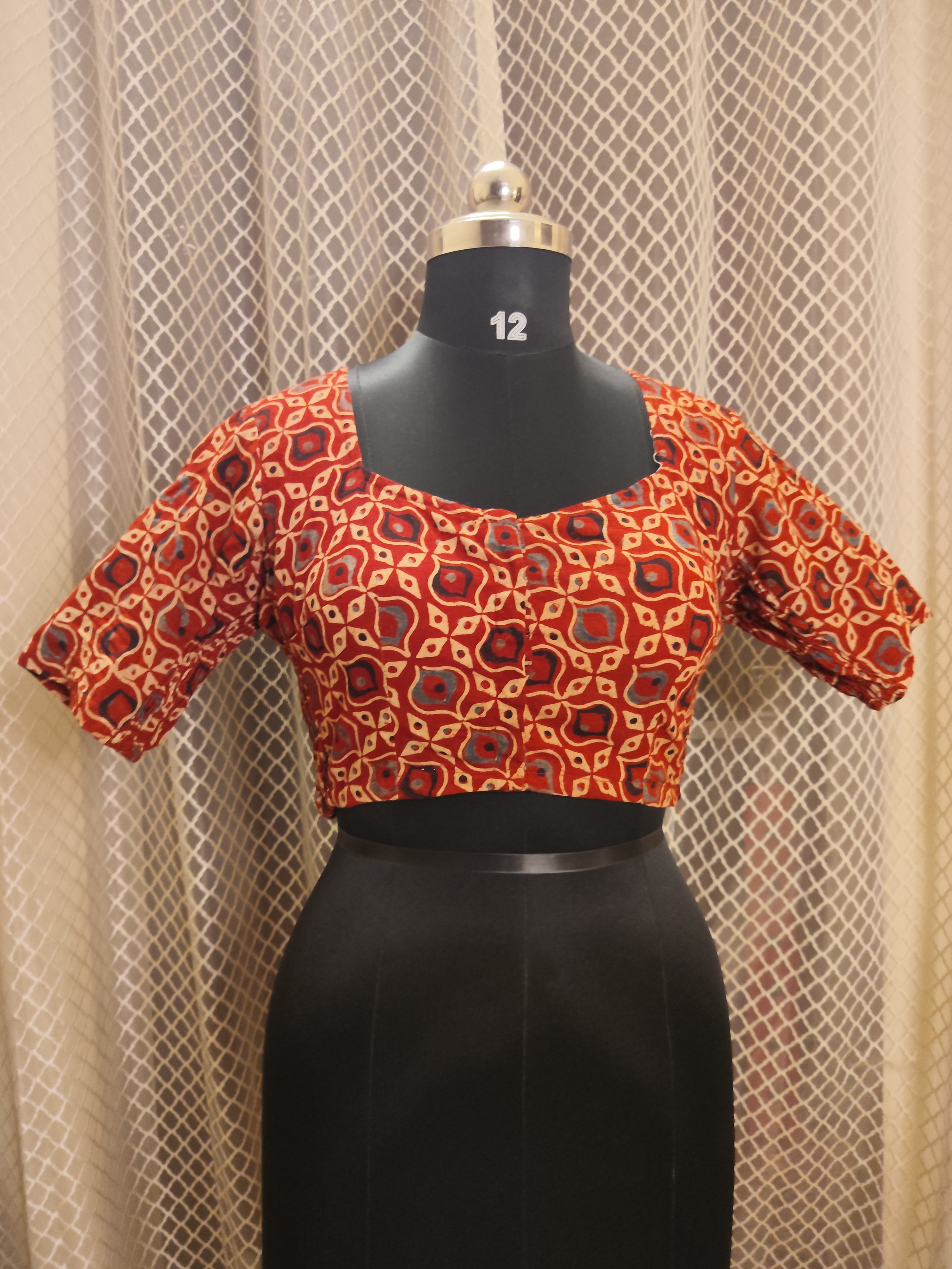 Rust colour Ajrakh cotton blouse with side elastic