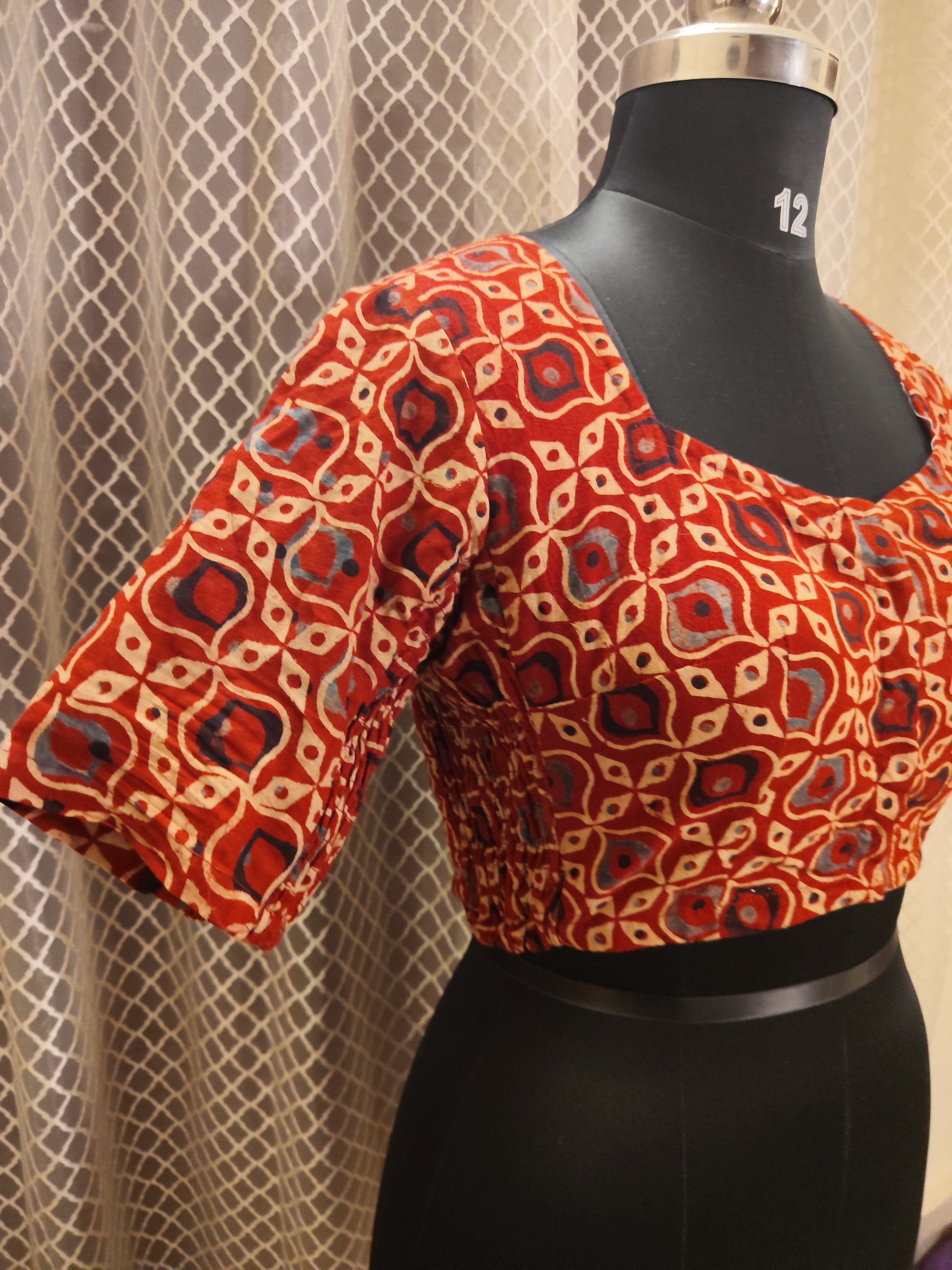 Rust colour Ajrakh cotton blouse with side elastic