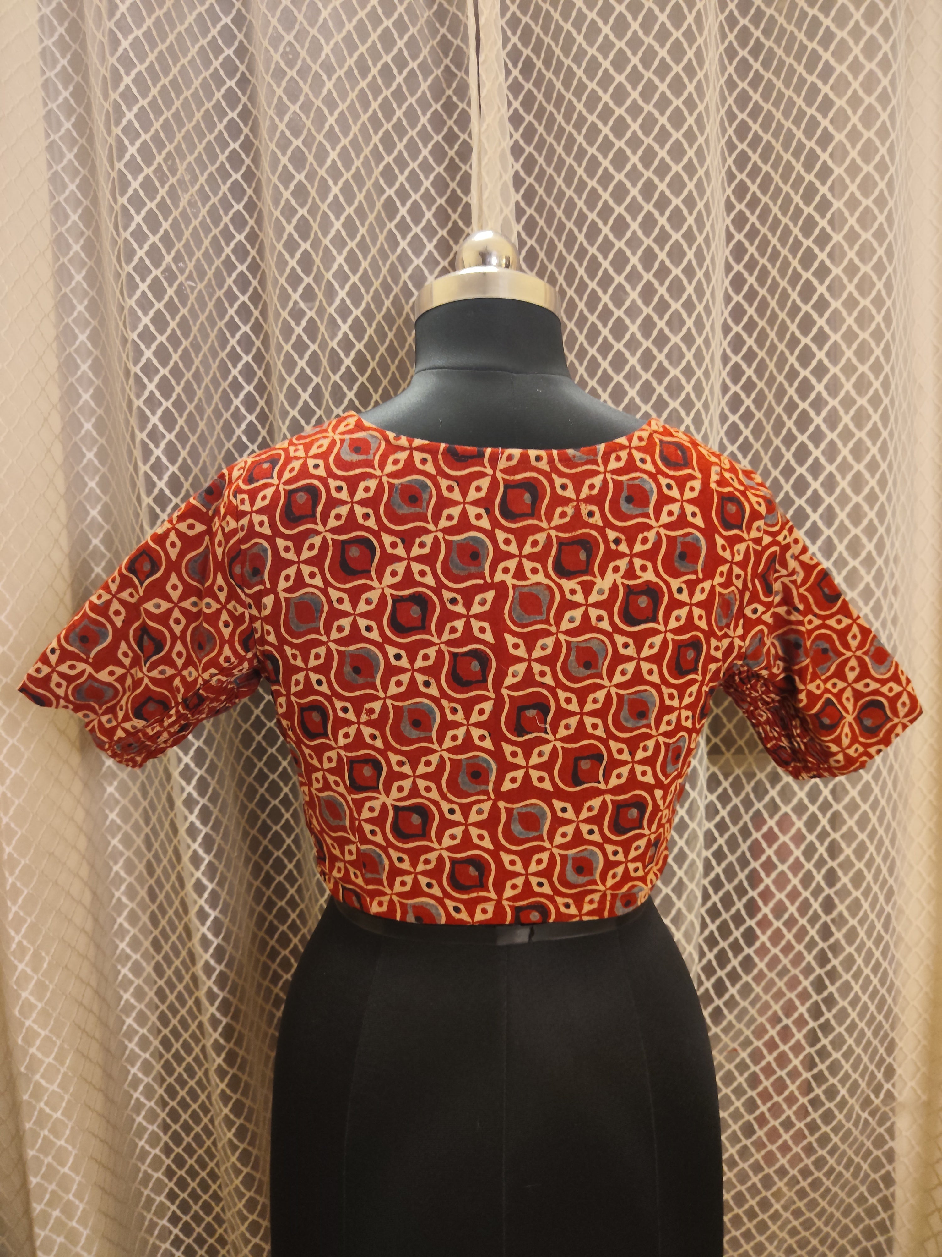 Rust colour Ajrakh cotton blouse with side elastic