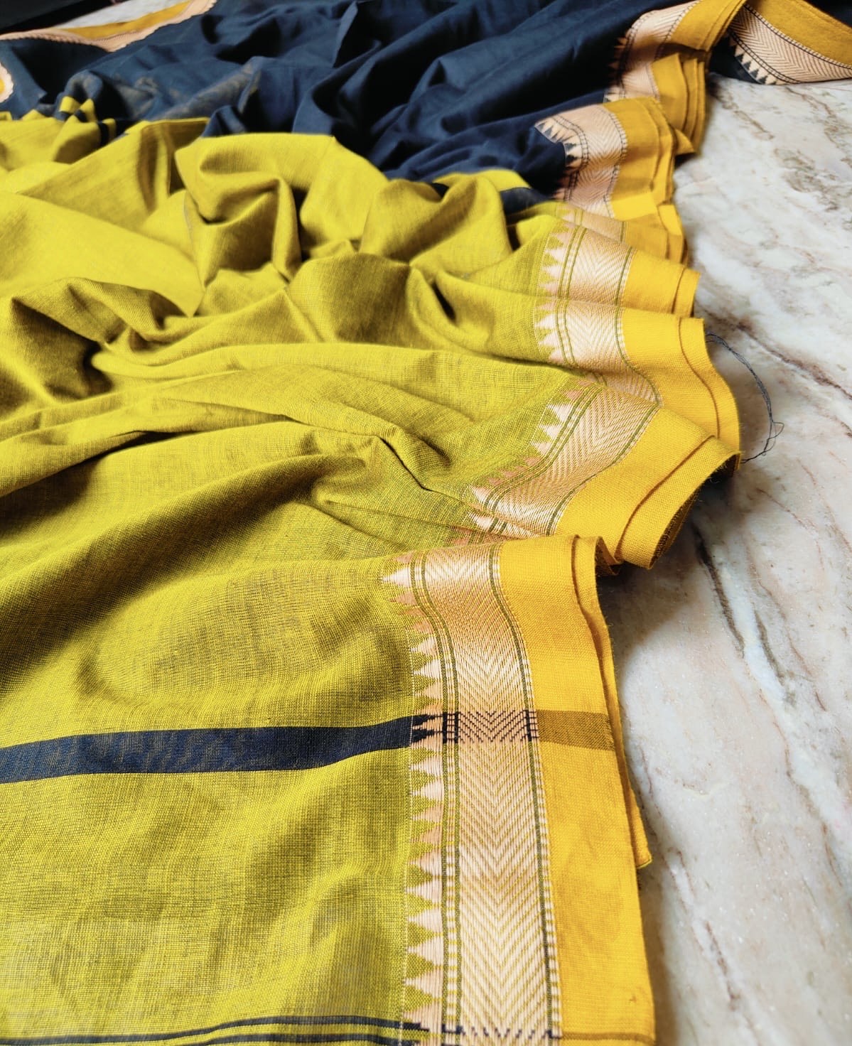 Navy cream temple bordered Black body Mercerised cotton saree (Yellow pallu and bp)