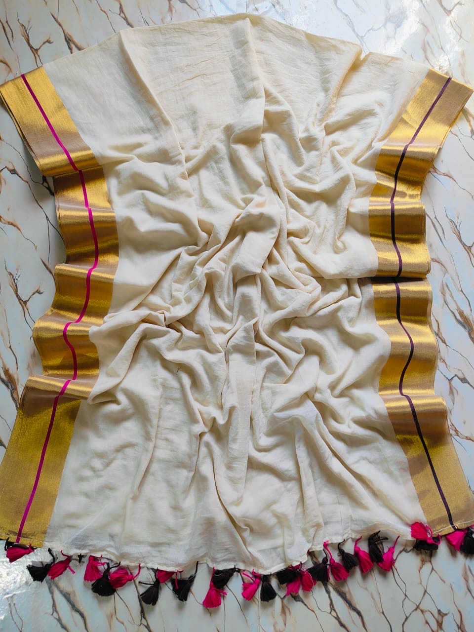 Pink-Maroon-Gold border "Festive Edit" mul cotton saree