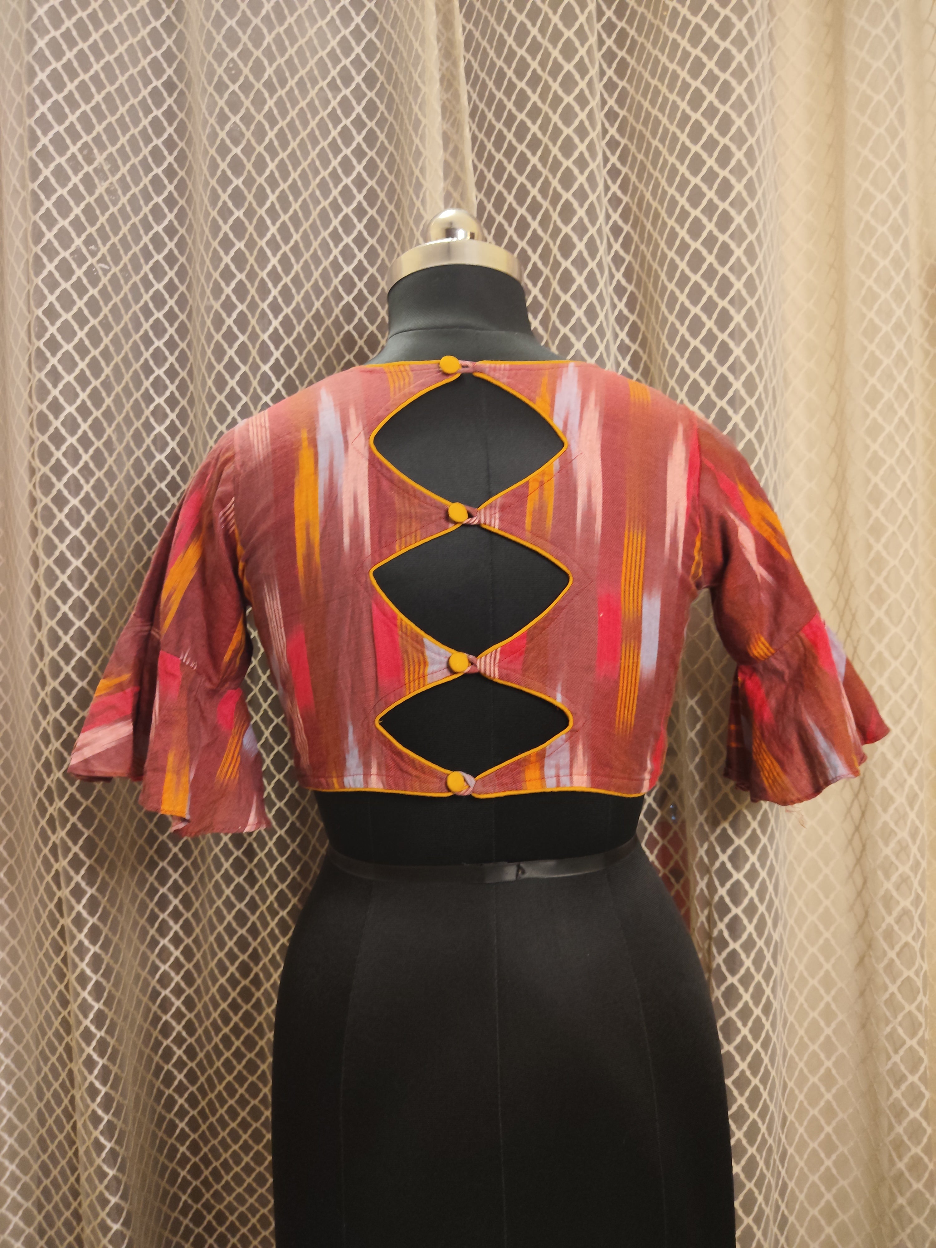 Cotton Ikkat blouse with frilled sleeves