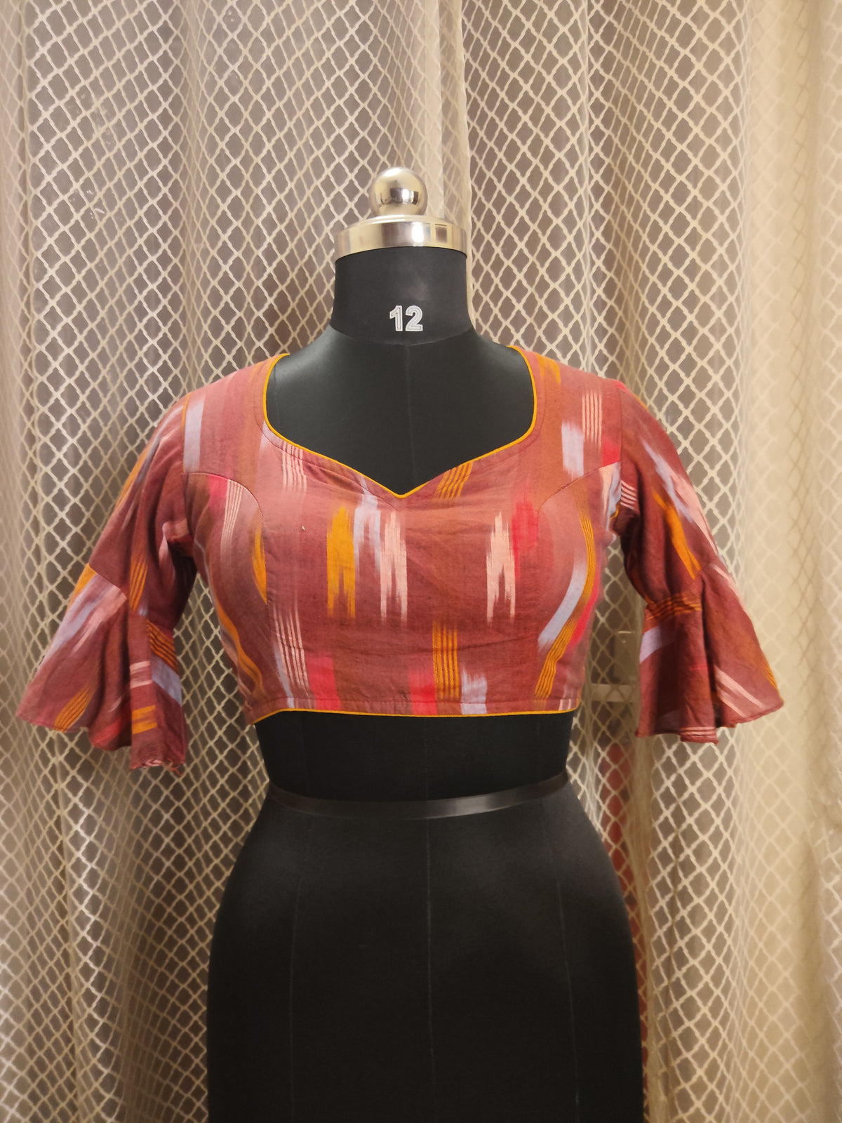Cotton Ikkat blouse with frilled sleeves