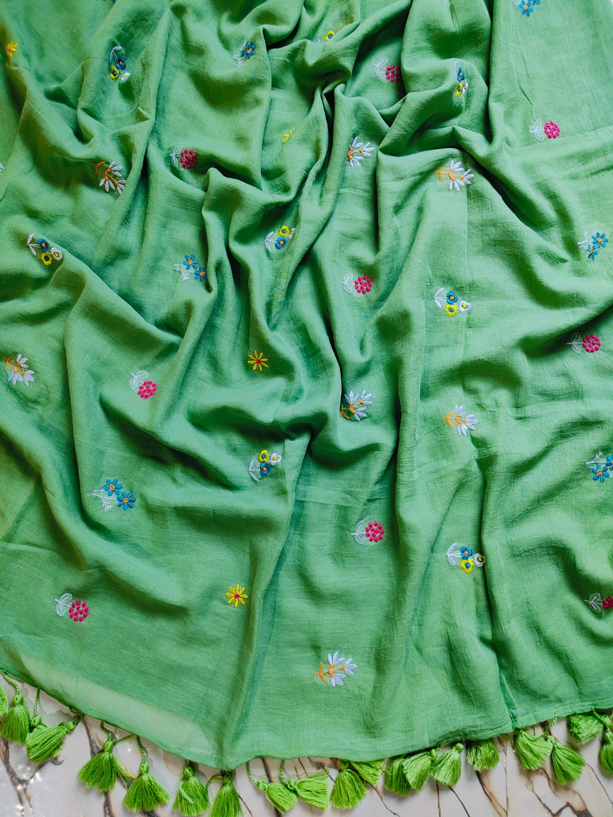 New multi coloured floral embroidered mul cotton saree