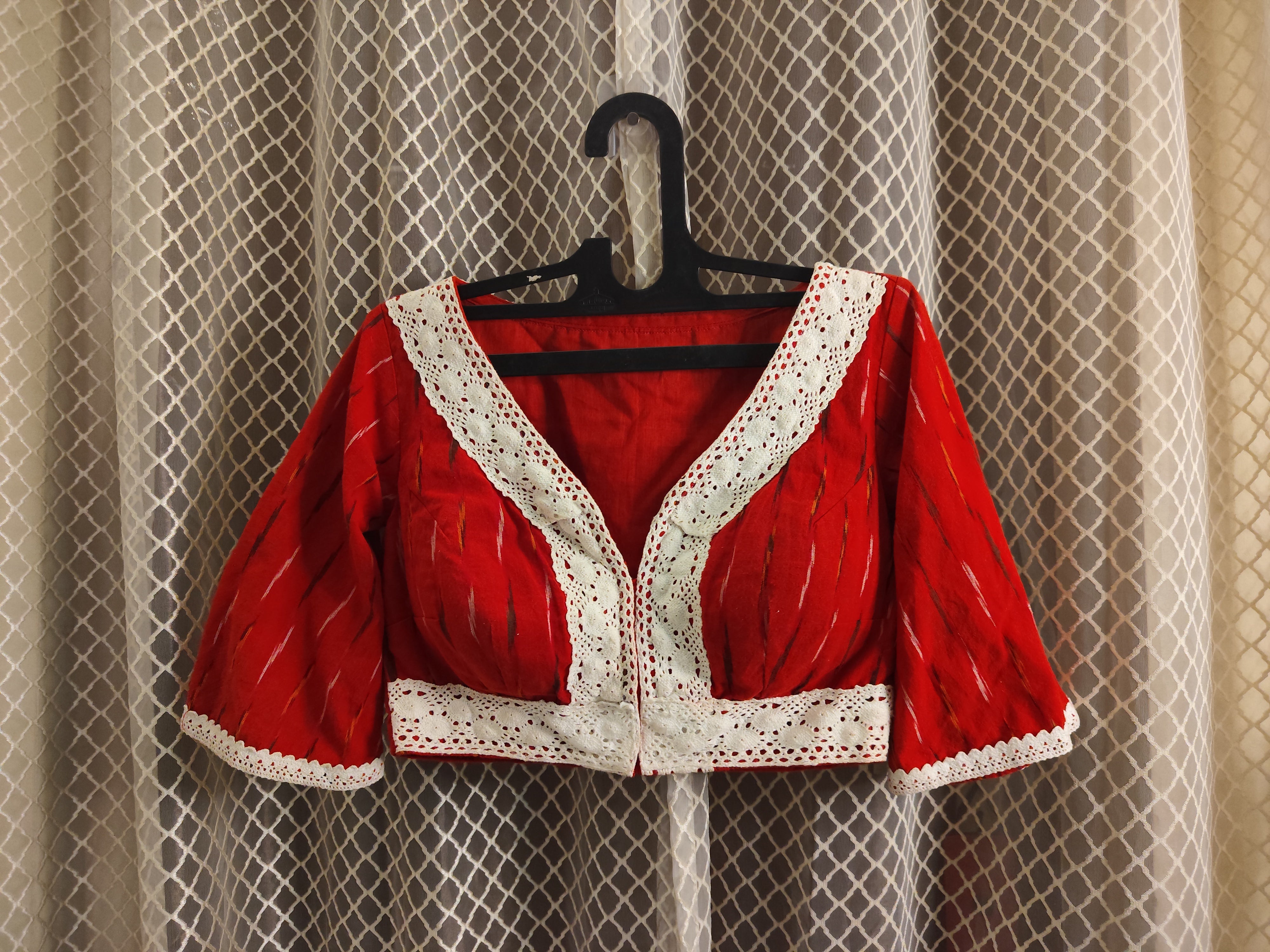 Red Ikkat blouse with laces and bell sleeves