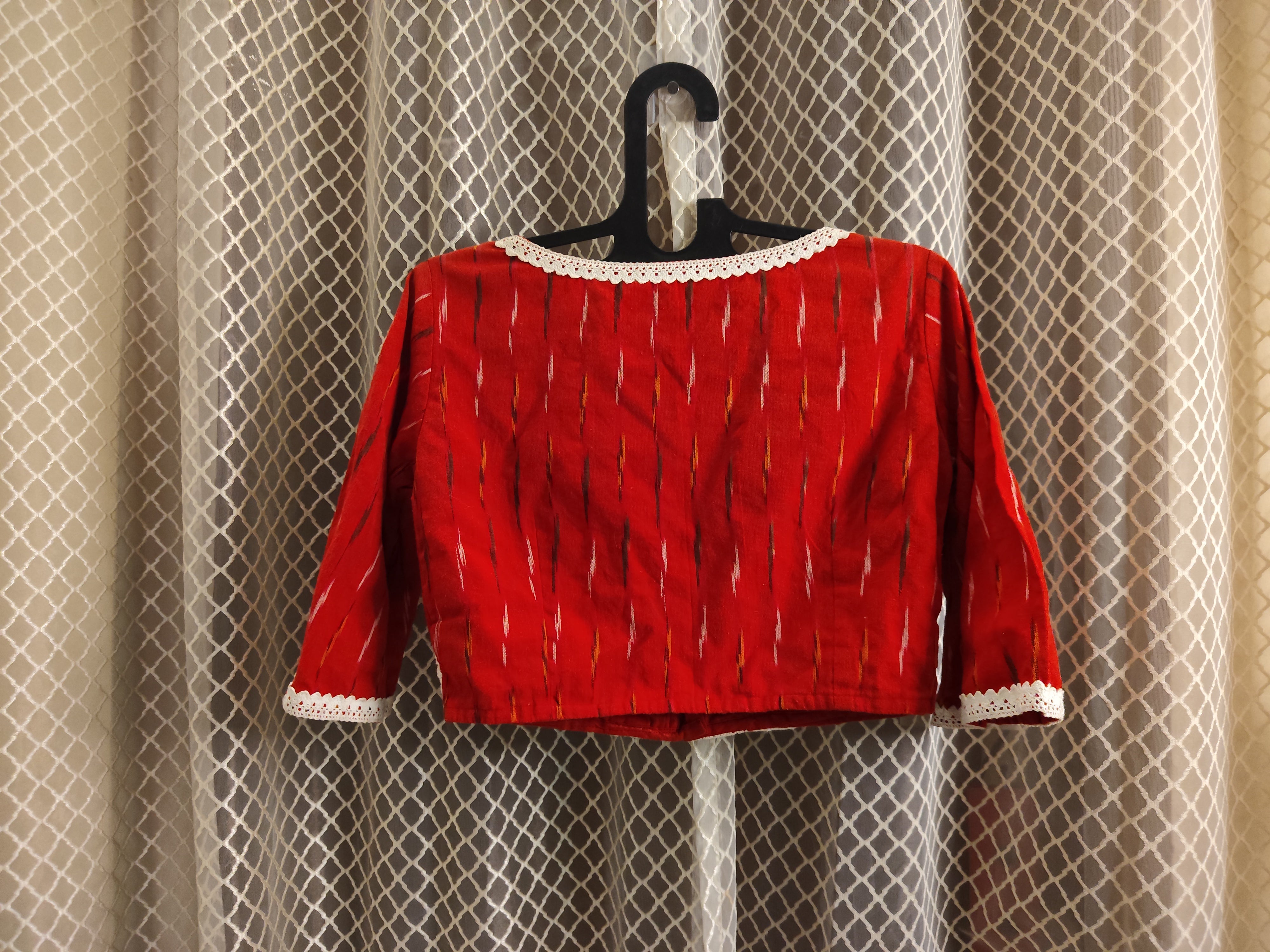 Red Ikkat blouse with laces and bell sleeves