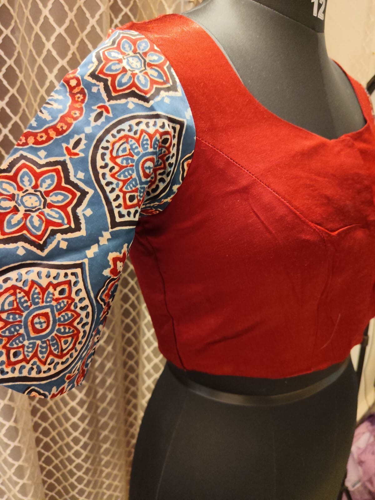Kalamkari sleeved solid designer blouse with back mirror work (Red)