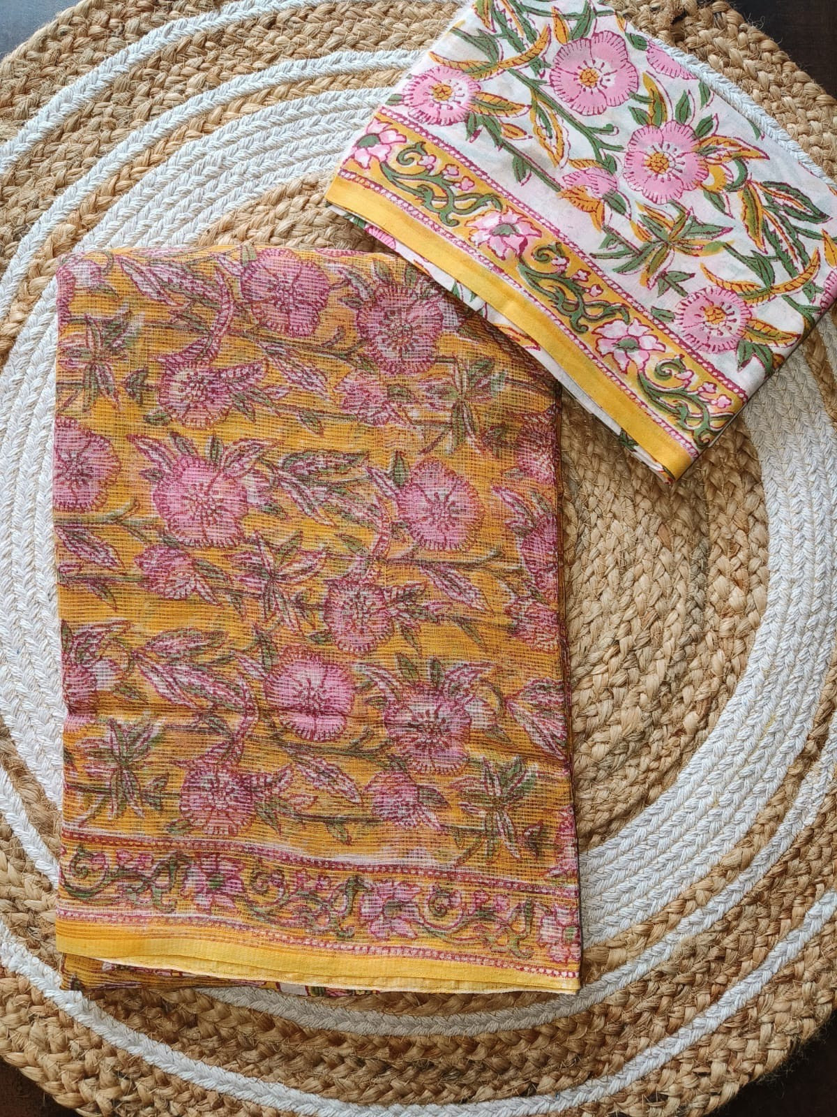 Cotton hand-blocked Kota Doriya sarees with mulmul blouse piece (Sanganeri/Dabu prints)