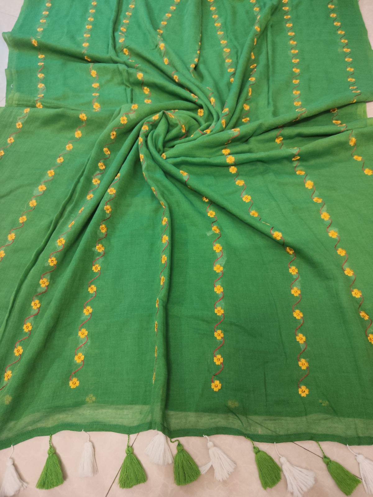 Embroidered small yellow floral mul saree