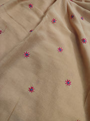 Biscuit mul saree with floral machine embroidery