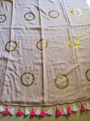 Soft warm pink " Circle Stars " collection of sequinned mul cotton saree