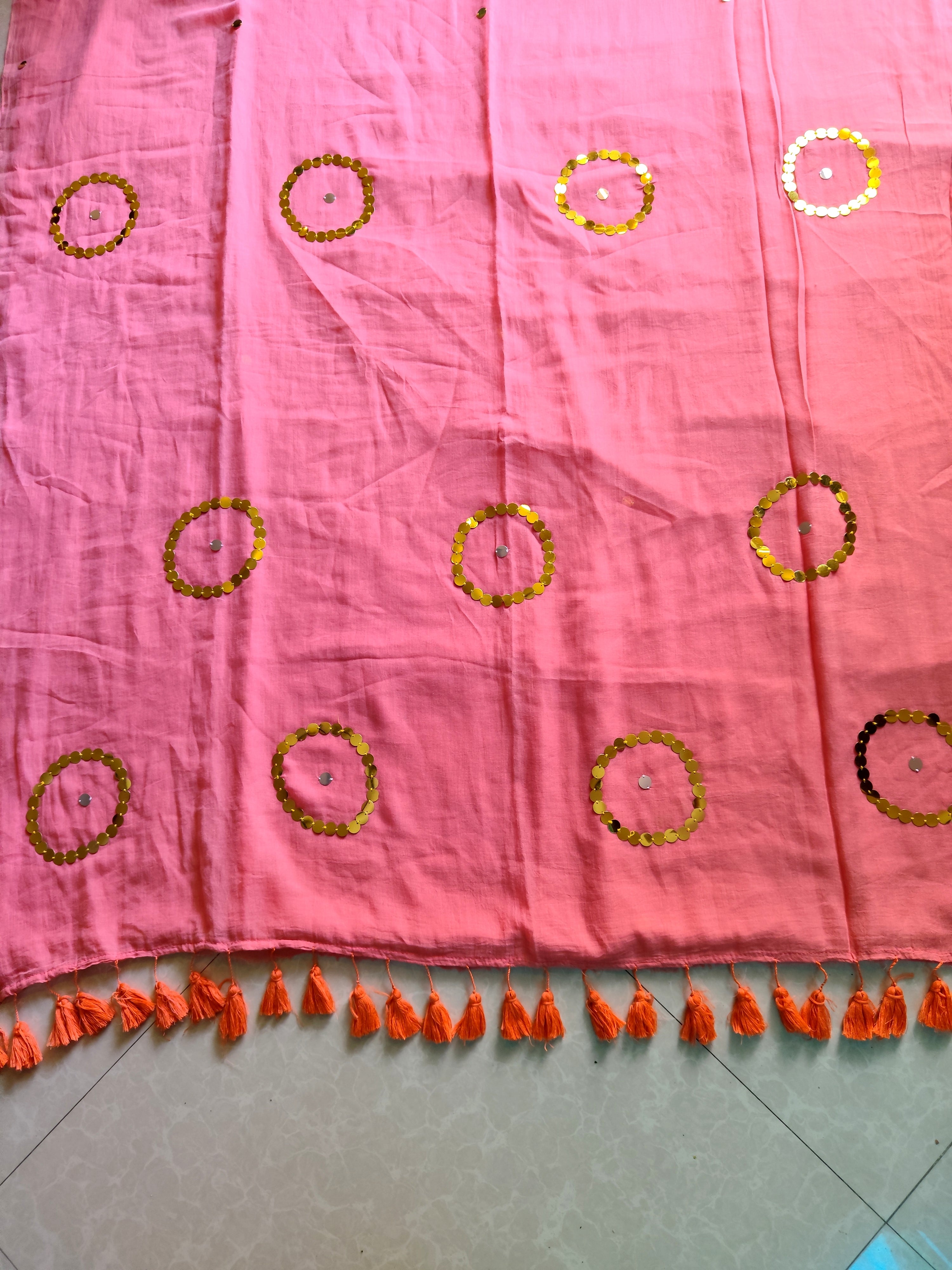 Pink peach "Circle Stars " collection of sequinned mul cotton saree