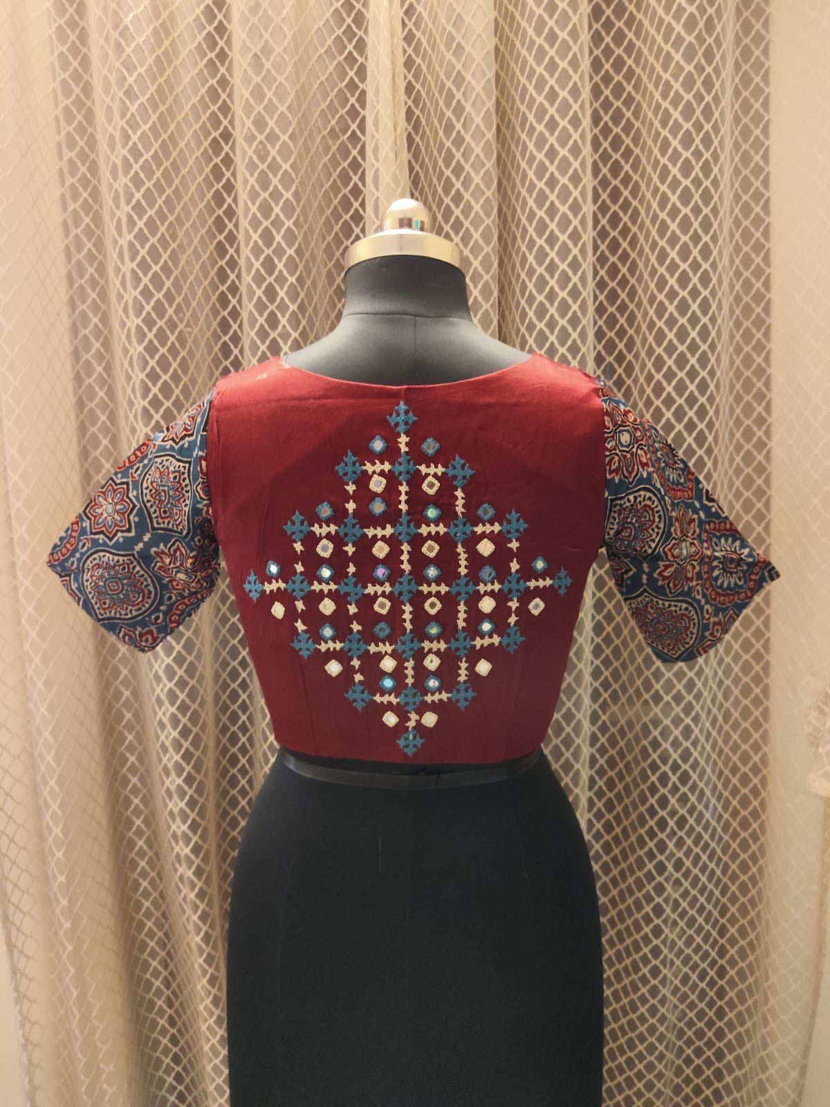 Kalamkari sleeved solid designer blouse with back mirror work (Red)