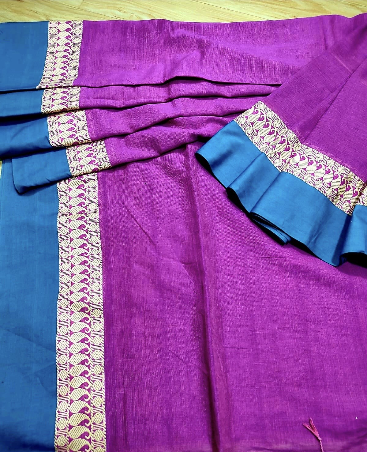 Blue bordered Magenta body mercerised cotton saree