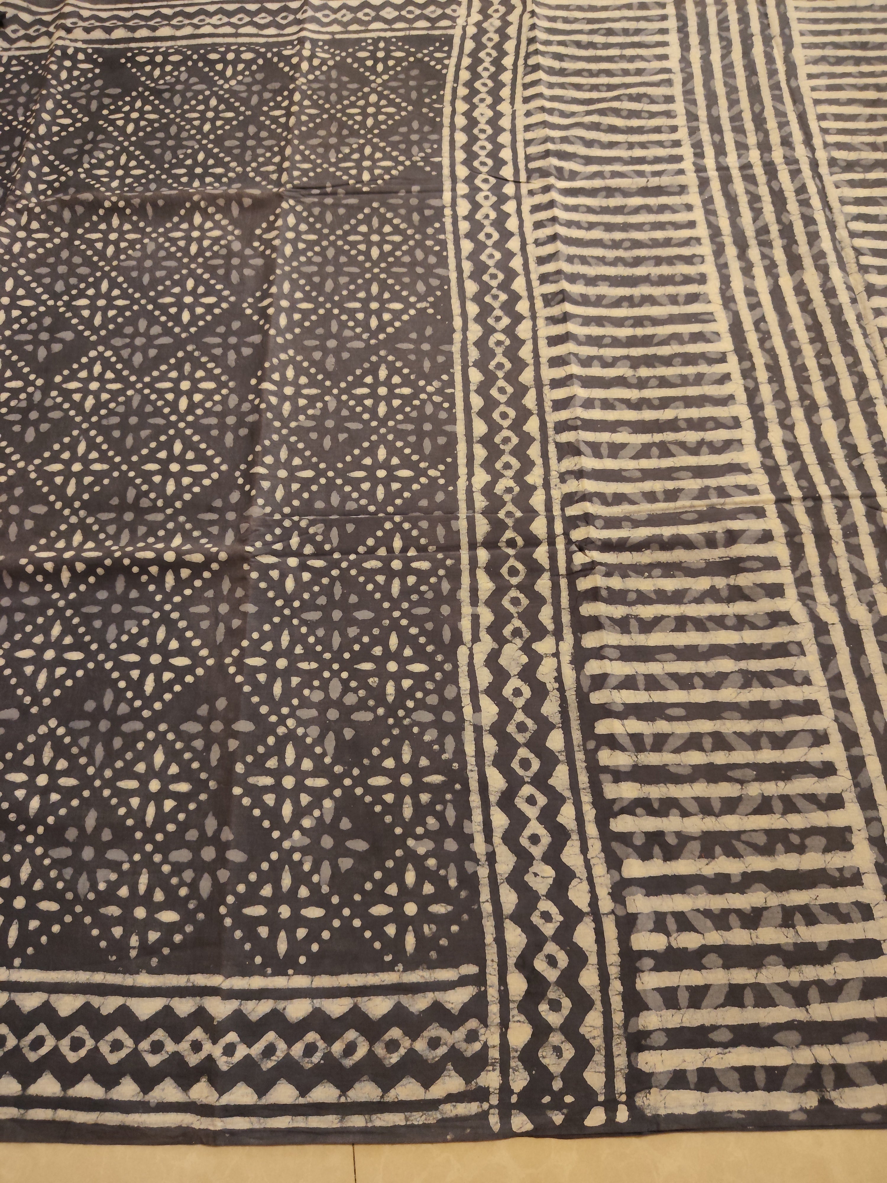 Grey natural dyed block printed  Jaipur mulmul saree