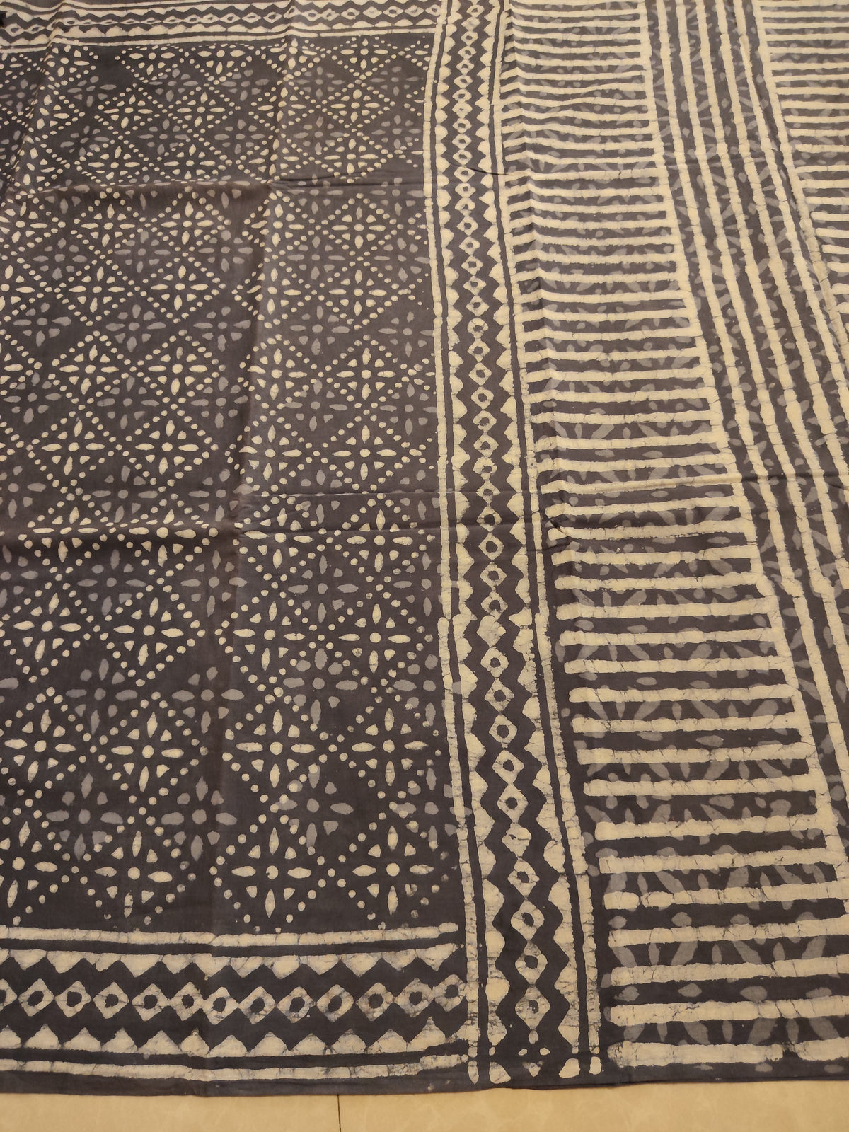 Grey natural dyed block printed  Jaipur mulmul saree