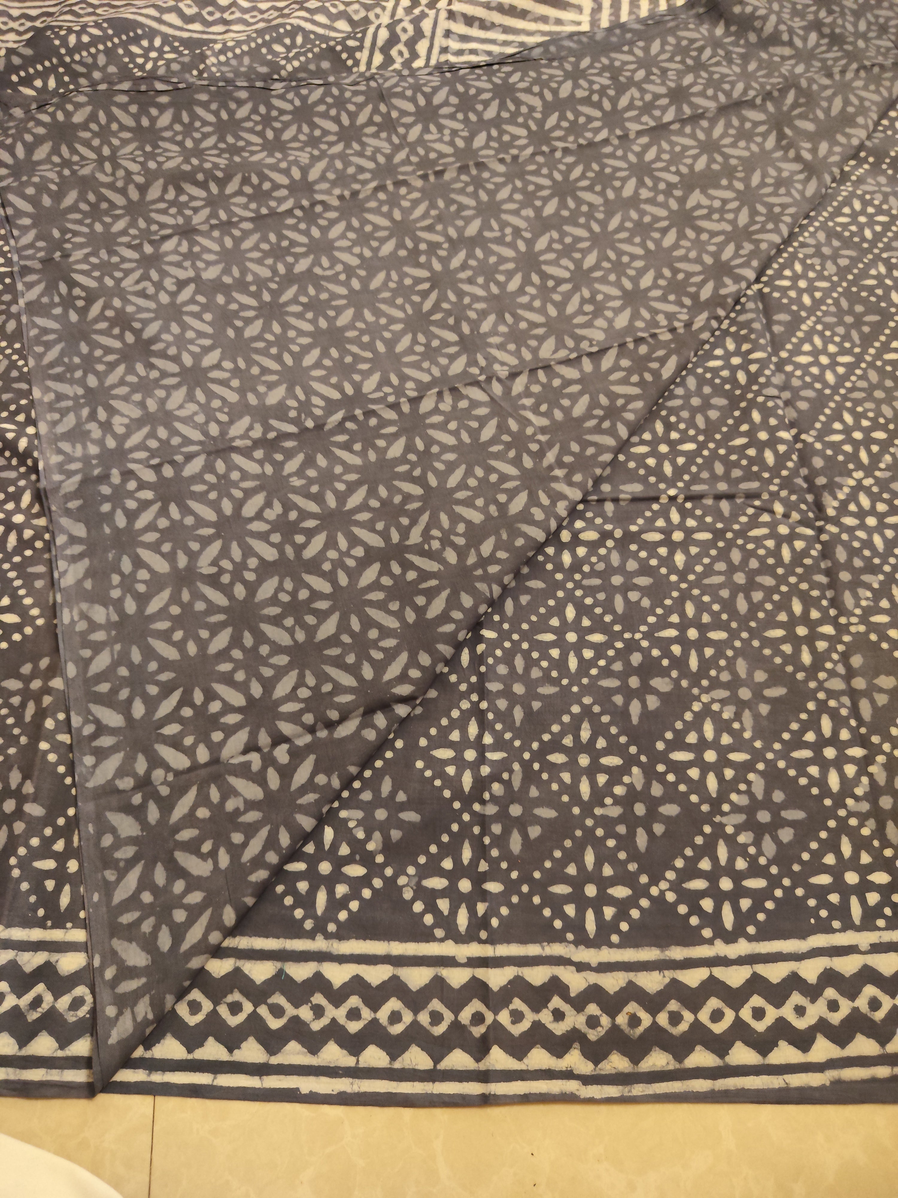 Grey natural dyed block printed  Jaipur mulmul saree