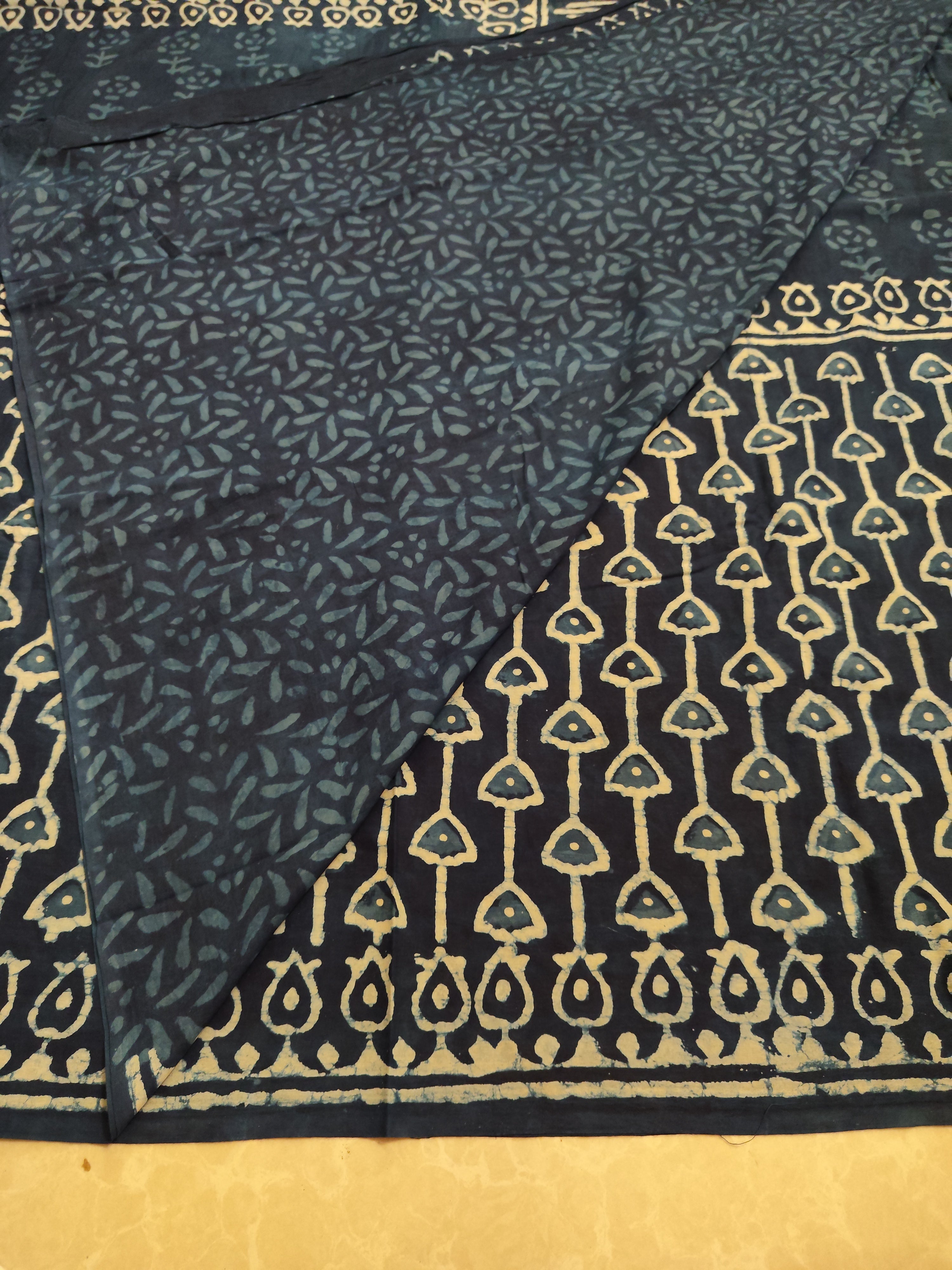 Navy blue natural dyed block printed Jaipur mulmul saree