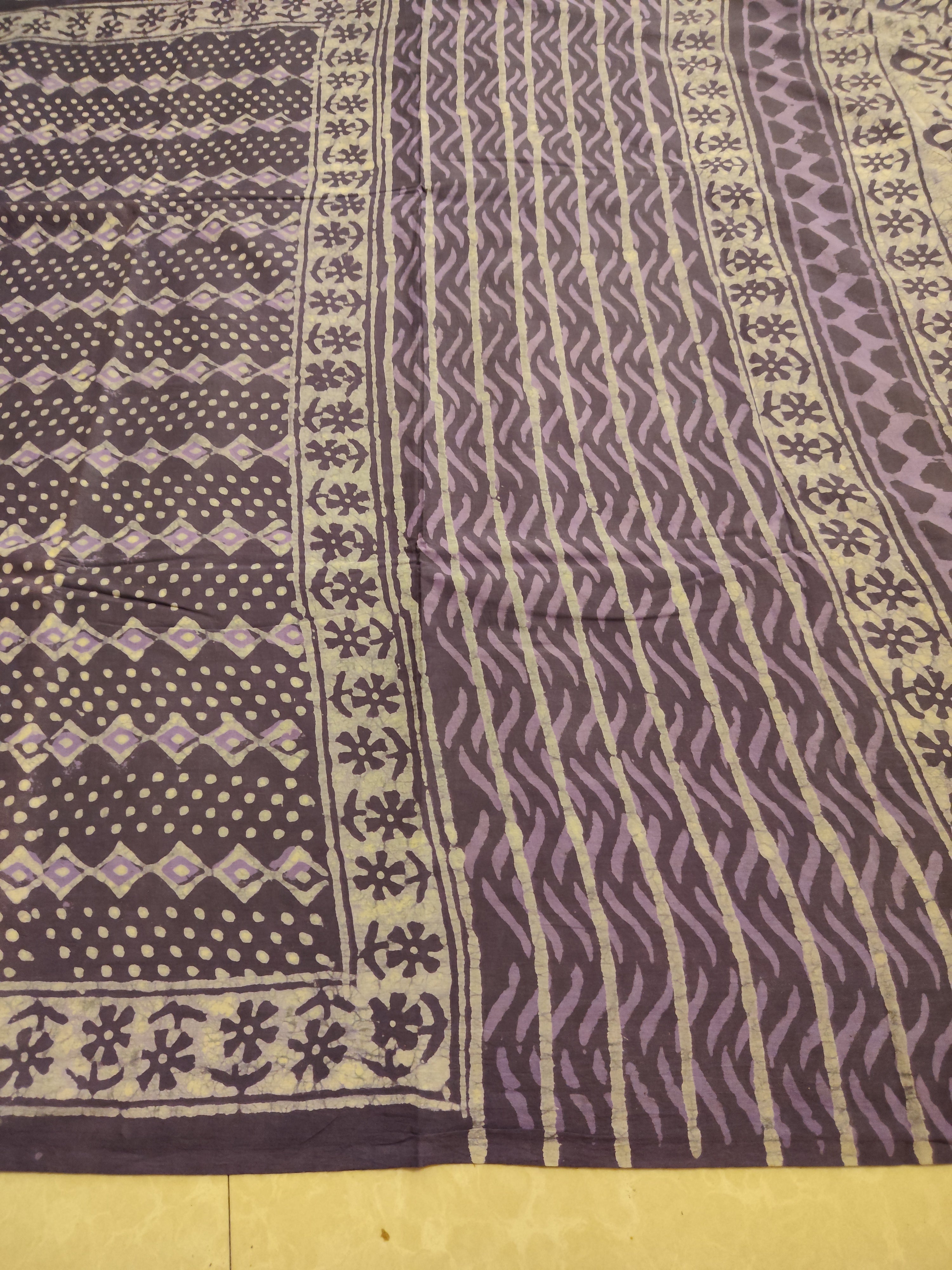 Violet natural  dyed block printed  Jaipur mulmul saree