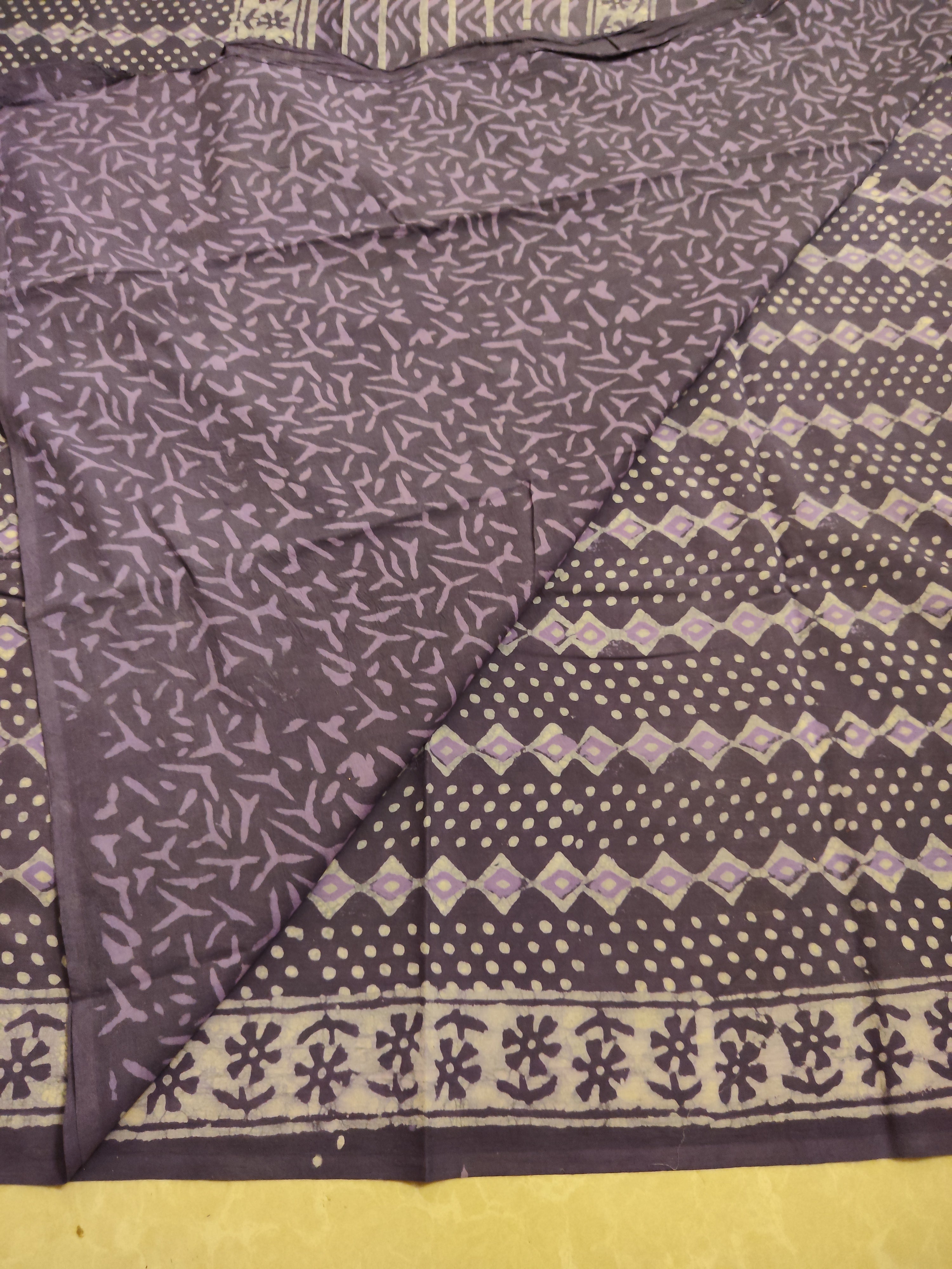 Violet natural  dyed block printed  Jaipur mulmul saree