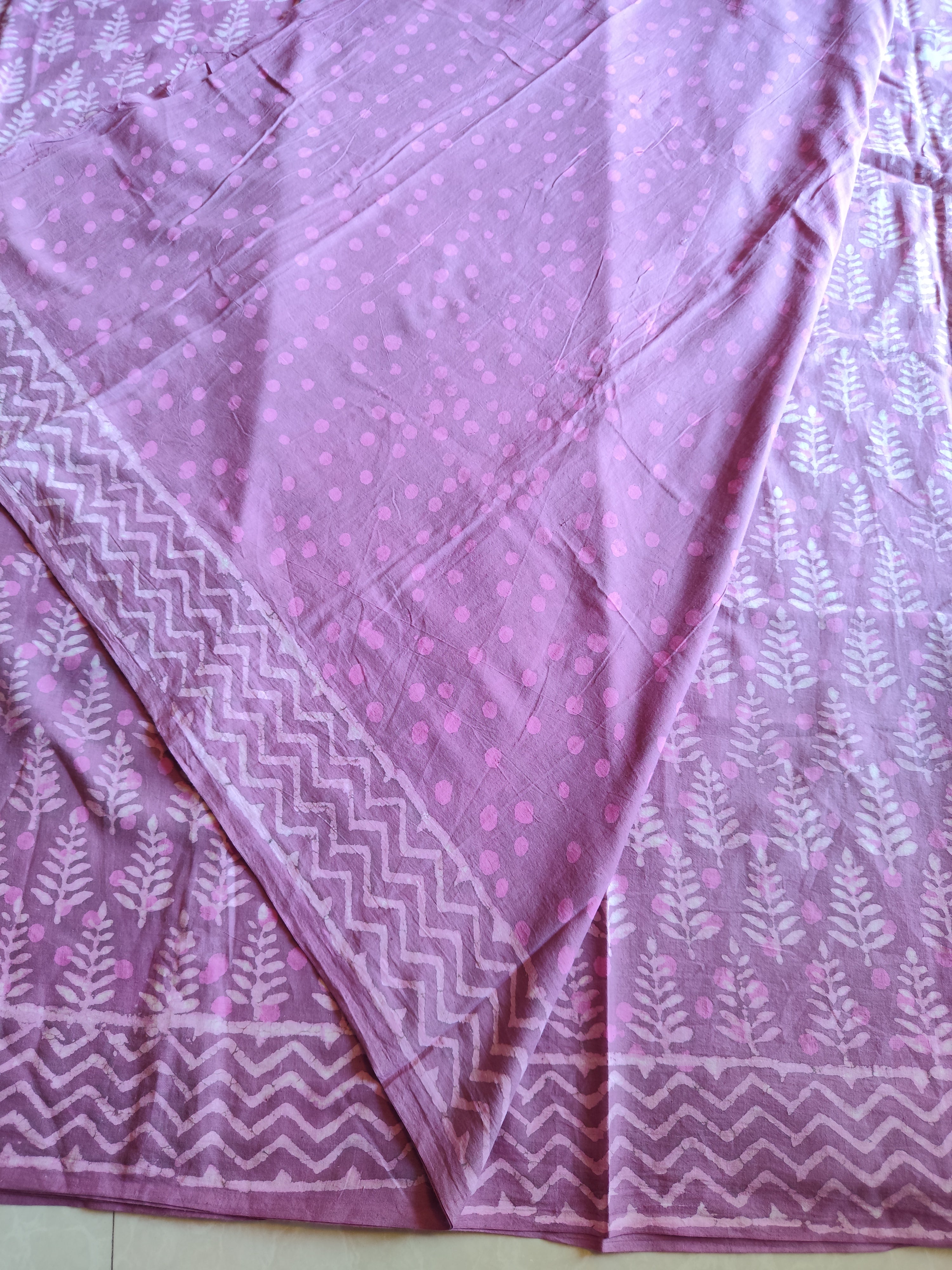 Pink natural dyed block printed Jaipur mulmul saree
