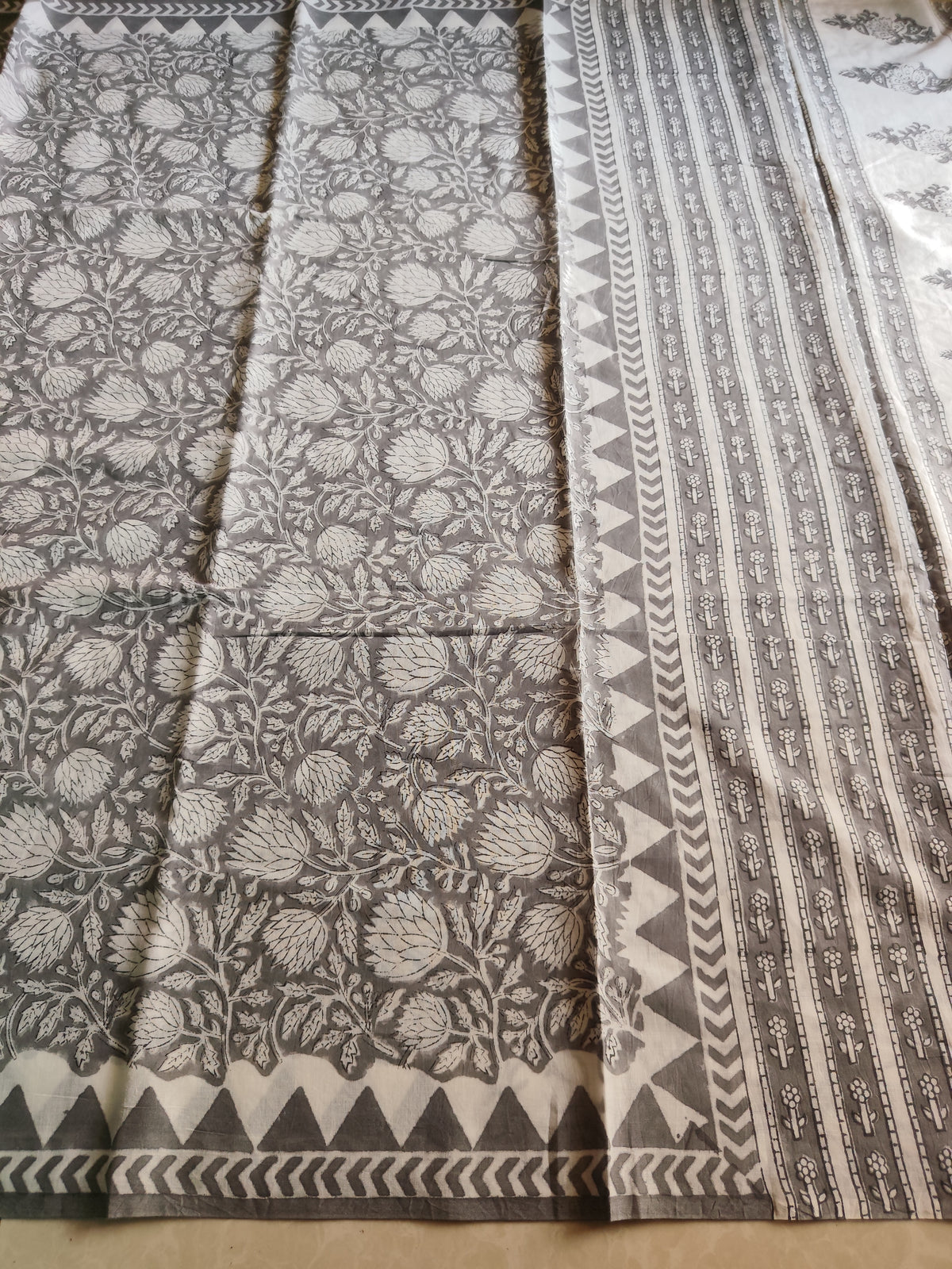 Grey and white natural dyed block printed Jaipur mulmul saree