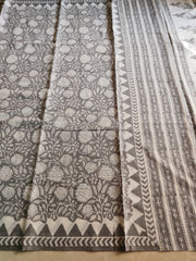 Grey and white natural dyed block printed Jaipur mulmul saree