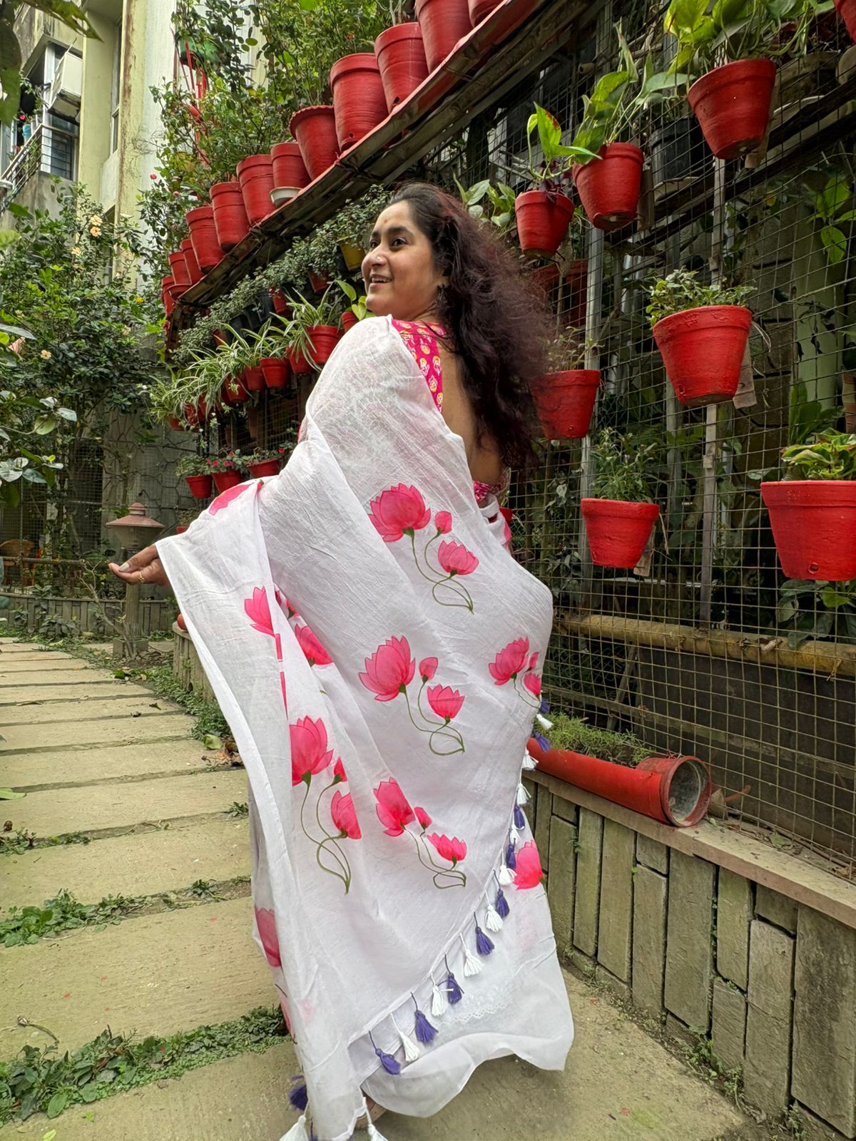 Hand-Painted "Niwi Lotus" Mul Cotton Saree