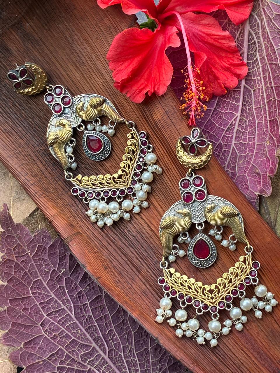 Dual tone silver replica red stone statement earring