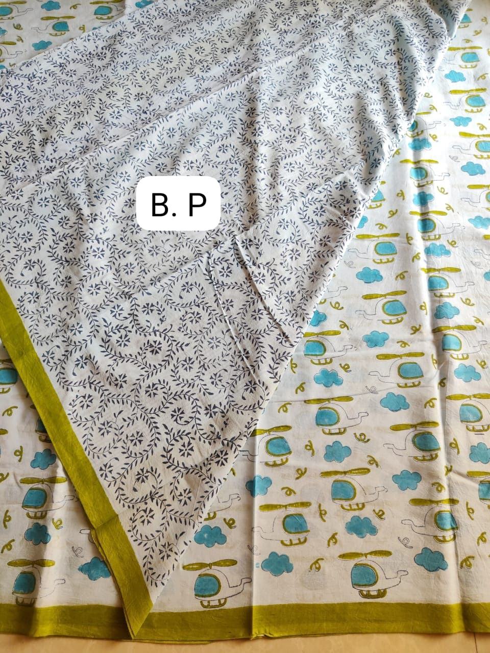 Quirky helicopter hand block print on Jaipur mul mul cotton saree