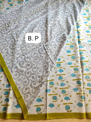 Quirky helicopter hand block print on Jaipur mul mul cotton saree