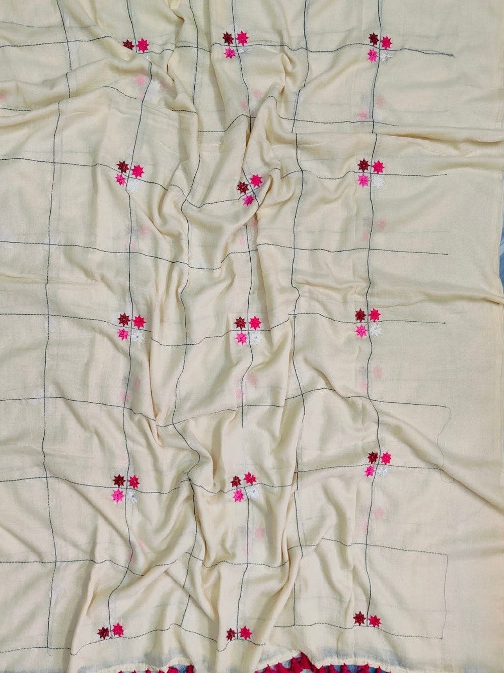 Multi pink shaded floral embroidered mul cotton saree